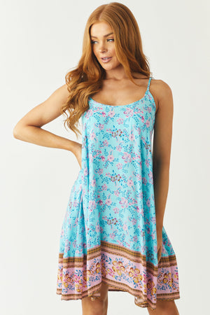Turquoise Floral Print Sleeveless Flowy Mini Dress