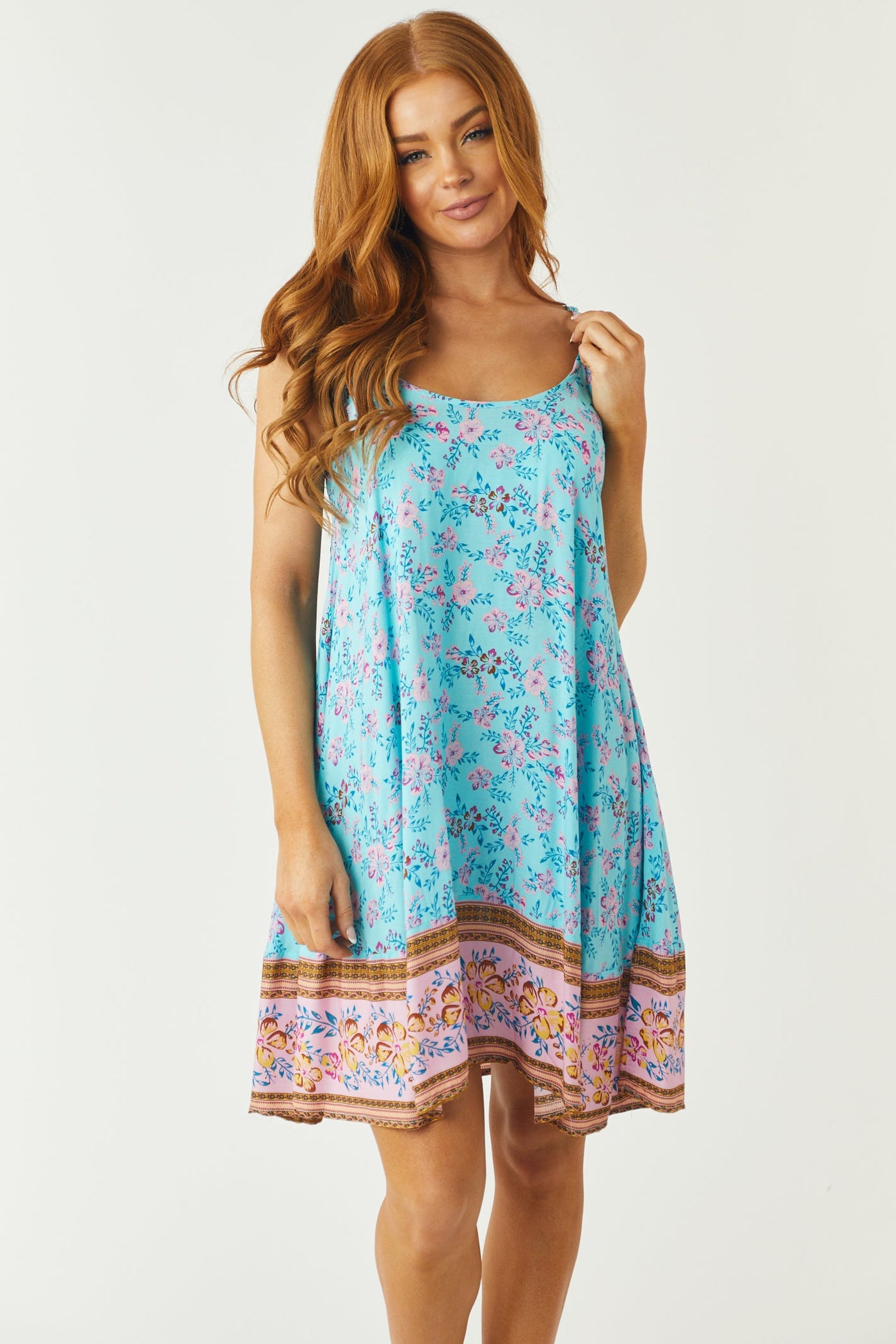 Turquoise Floral Print Sleeveless Flowy Mini Dress