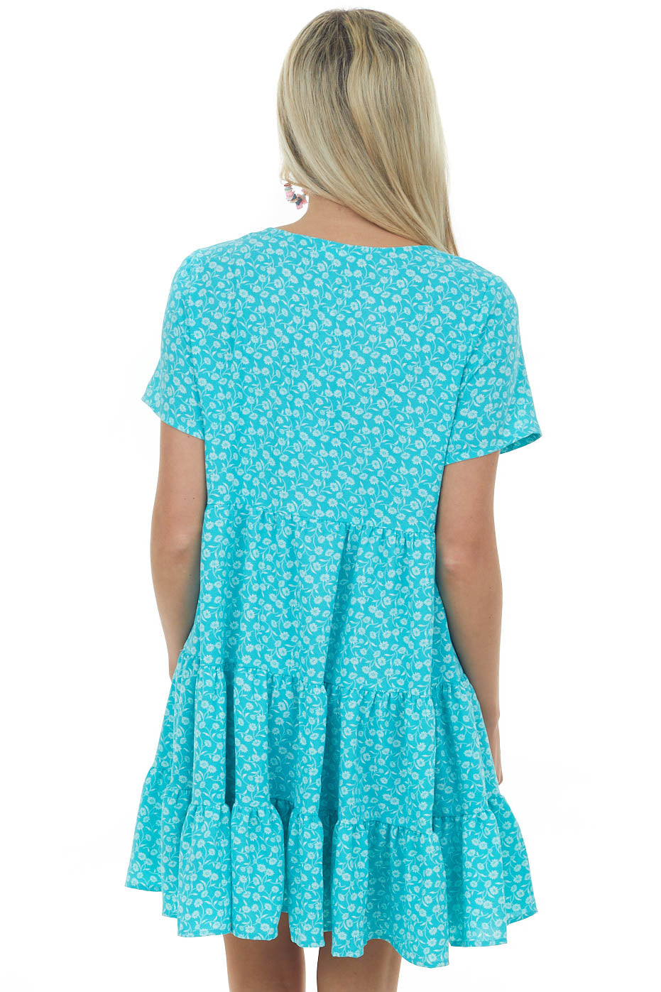 Turquoise Floral Tiered Babydoll Button Dress