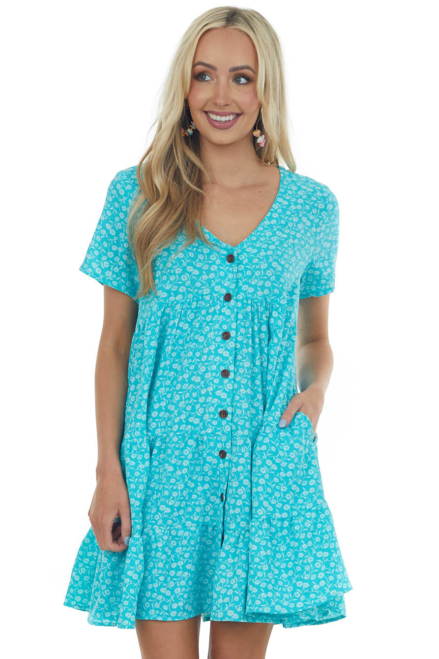 Turquoise Floral Tiered Babydoll Button Dress