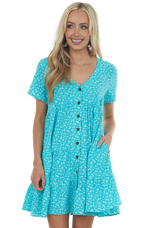 Turquoise Floral Tiered Babydoll Button Dress