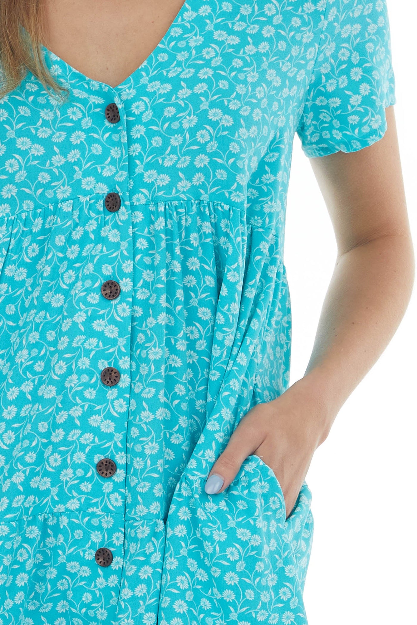 Turquoise Floral Tiered Babydoll Button Dress
