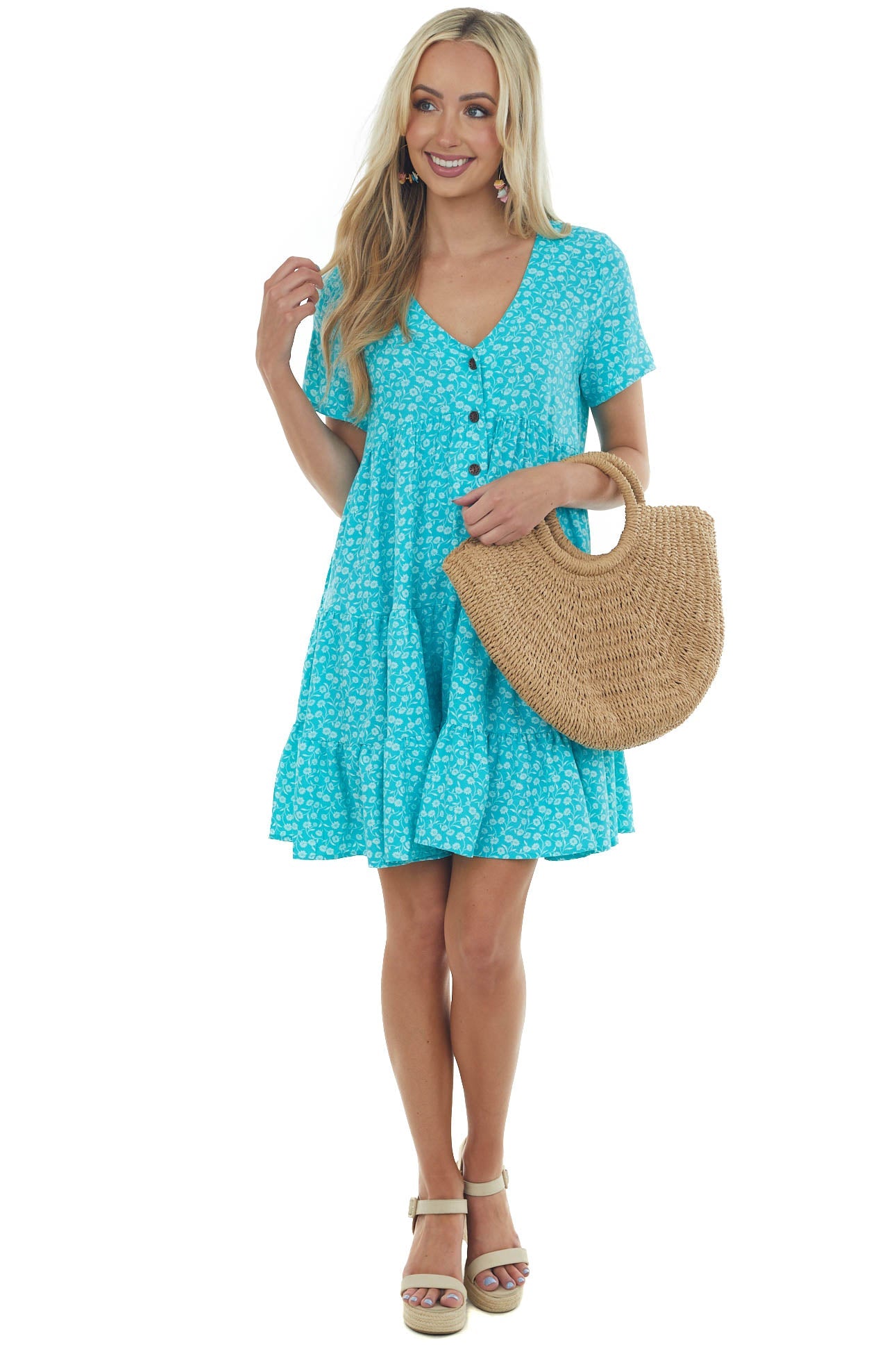 Turquoise Floral Tiered Babydoll Button Dress