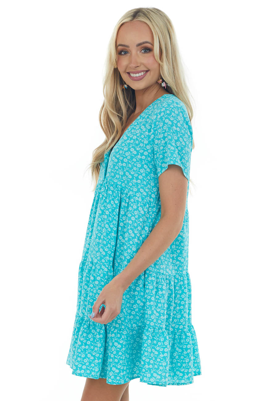 Turquoise Floral Tiered Babydoll Button Dress