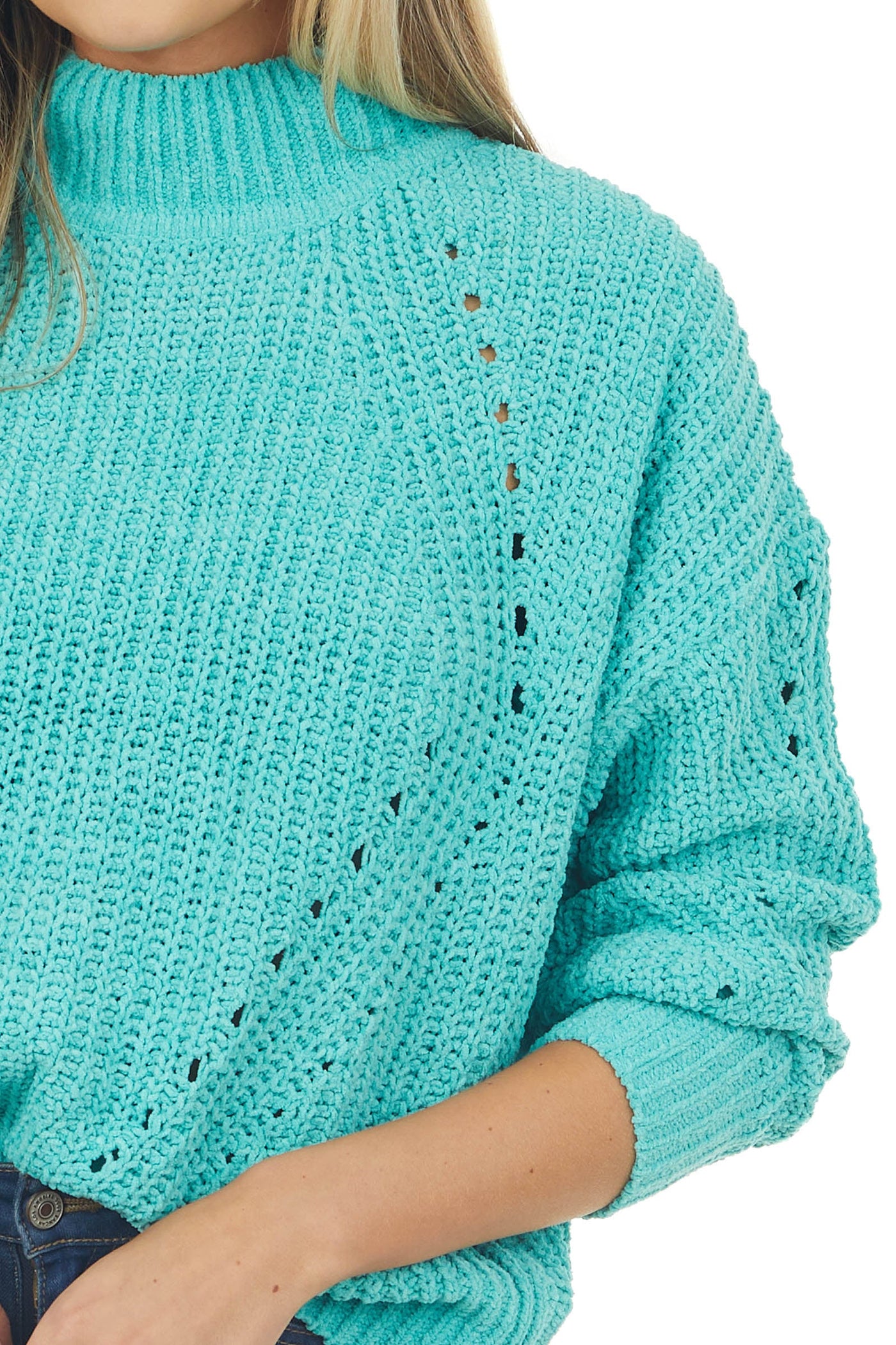 Turquoise Mock Neck Pointelle Chenille Sweater