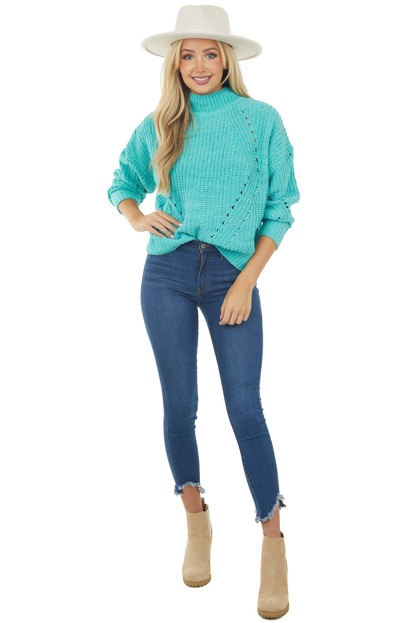 Turquoise Mock Neck Pointelle Chenille Sweater