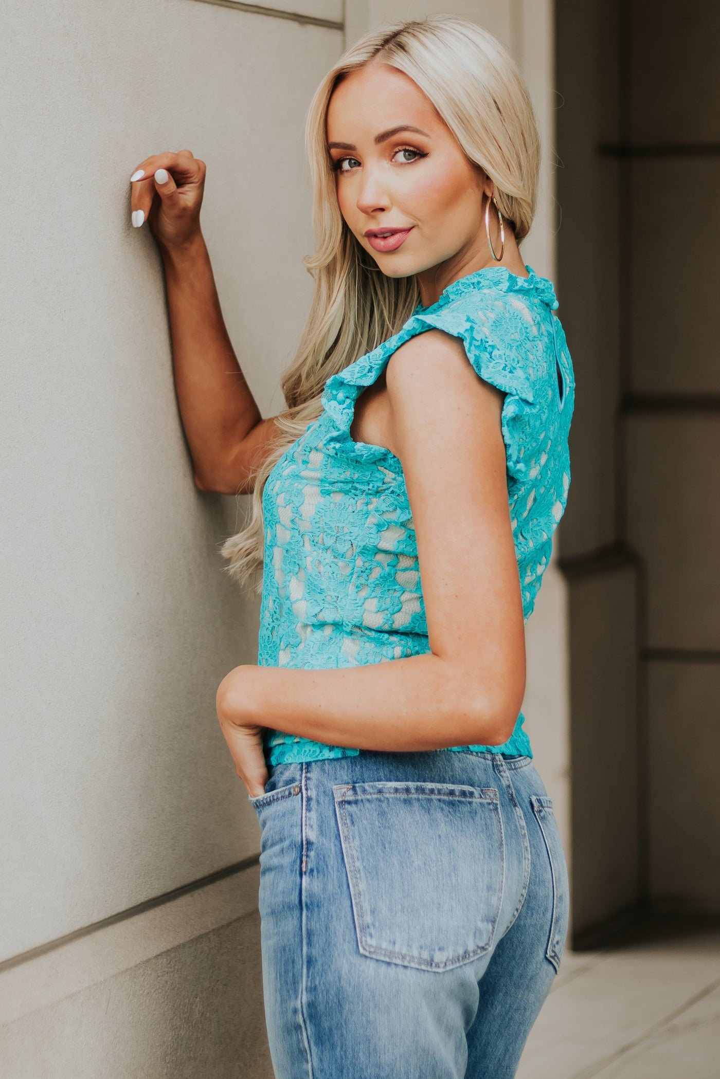 Turquoise Ruffle Sleeve Floral Lace Blouse