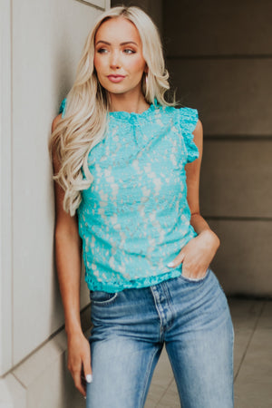 Turquoise Ruffle Sleeve Floral Lace Blouse