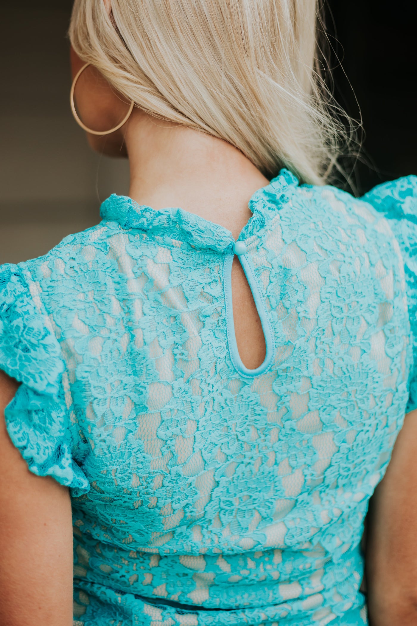 Turquoise Ruffle Sleeve Floral Lace Blouse