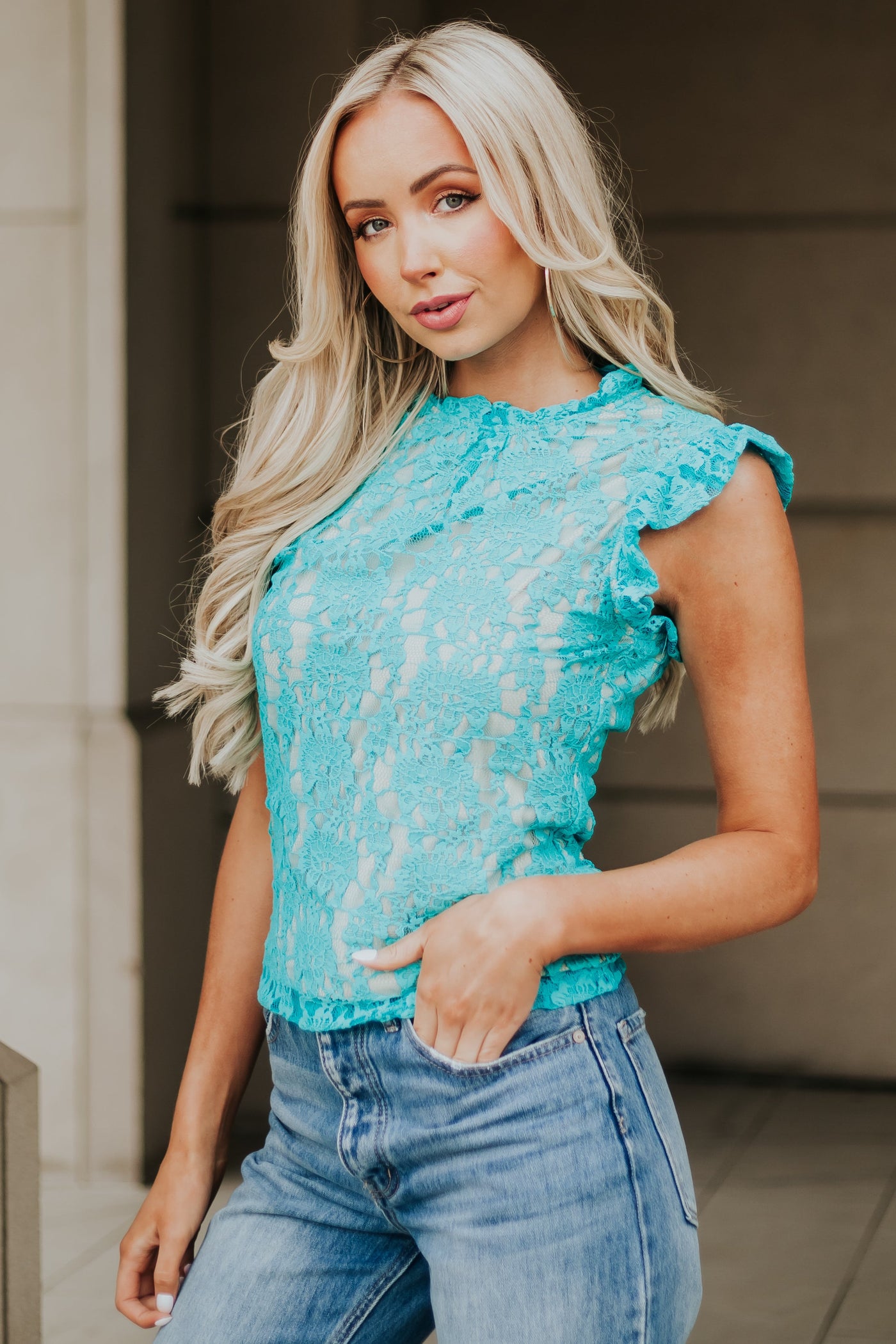 Turquoise Ruffle Sleeve Floral Lace Blouse