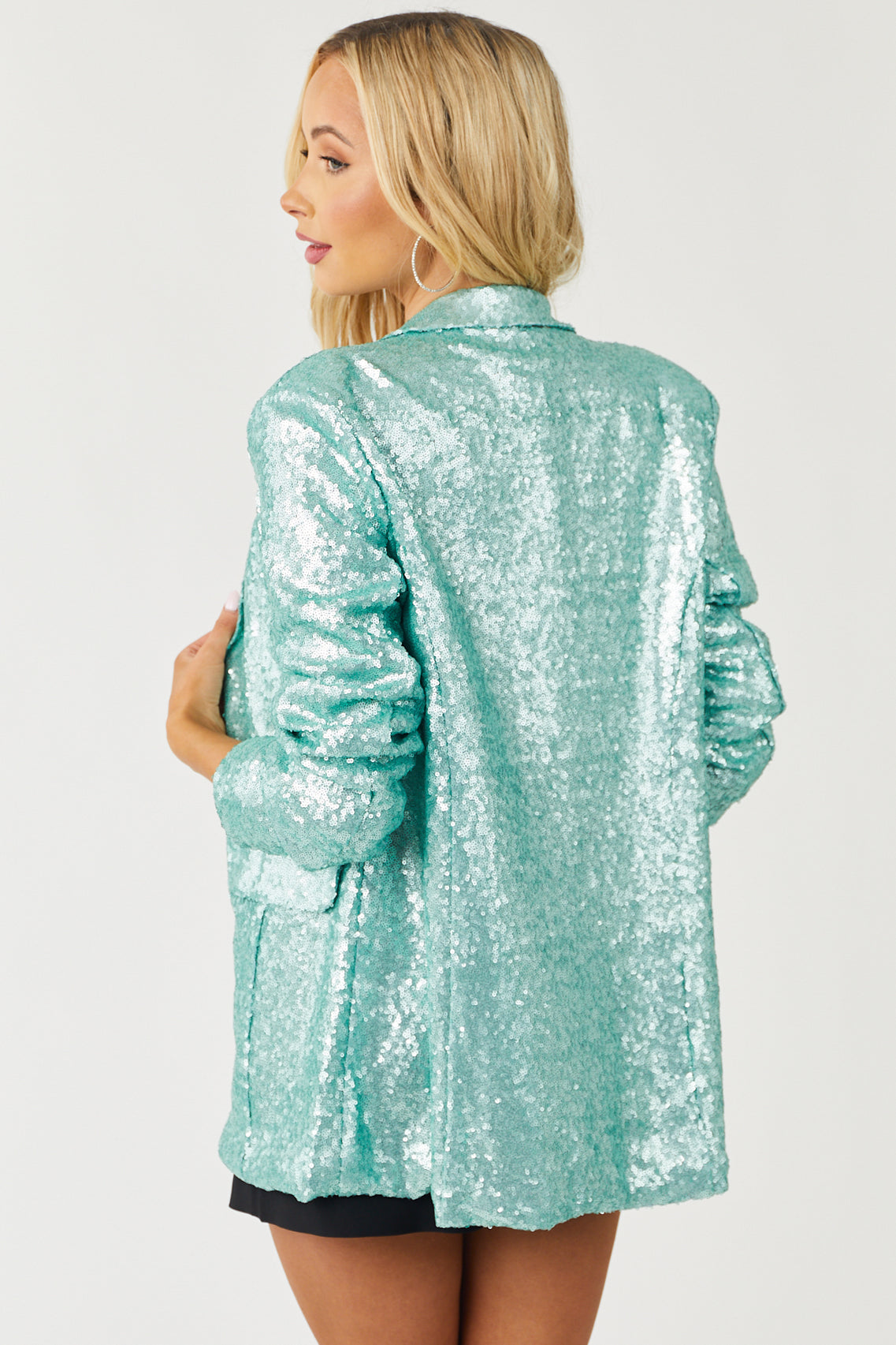 Turquoise Sequin Long Sleeve Single Button Blazer