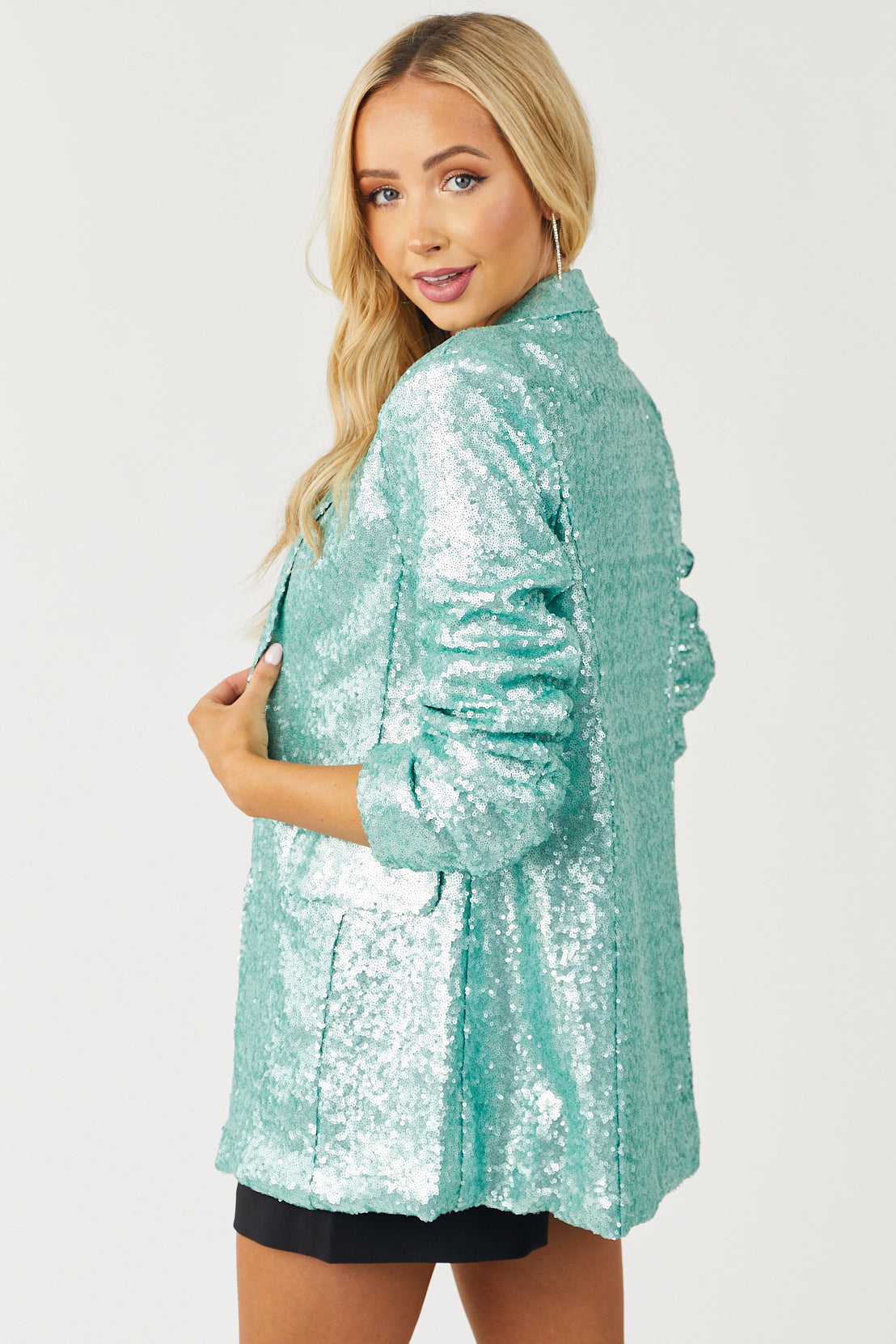Turquoise Sequin Long Sleeve Single Button Blazer