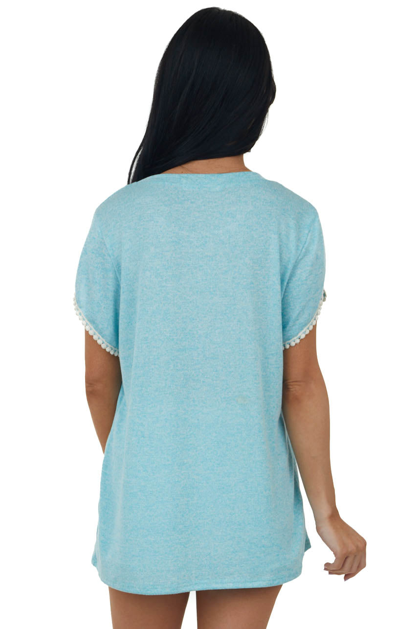 Turquoise Short Sleeve Crochet Lace Detail Top