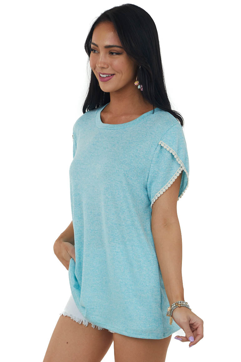 Turquoise Short Sleeve Crochet Lace Detail Top