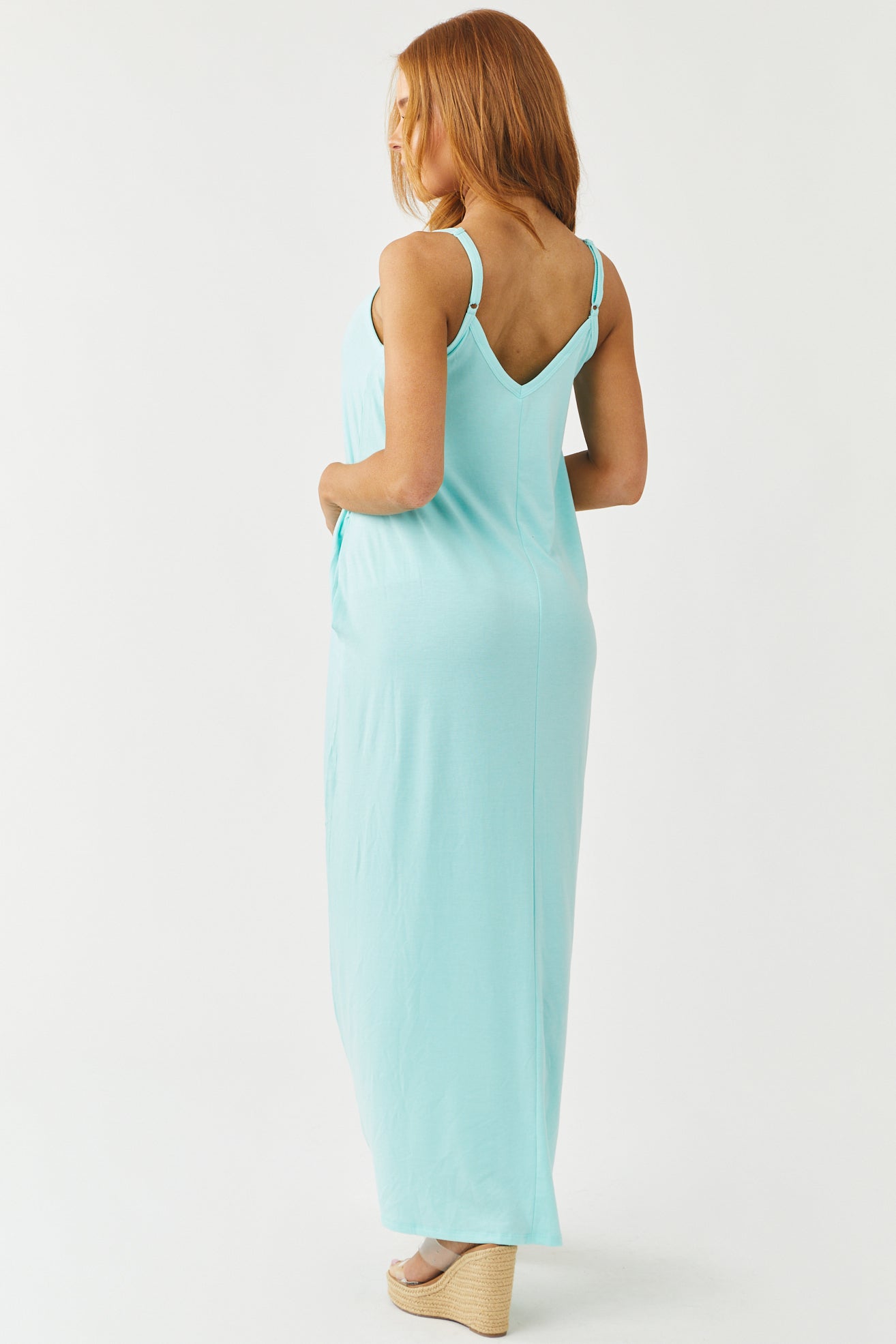 Turquoise Sleeveless Knit Maxi Dress with Pockets