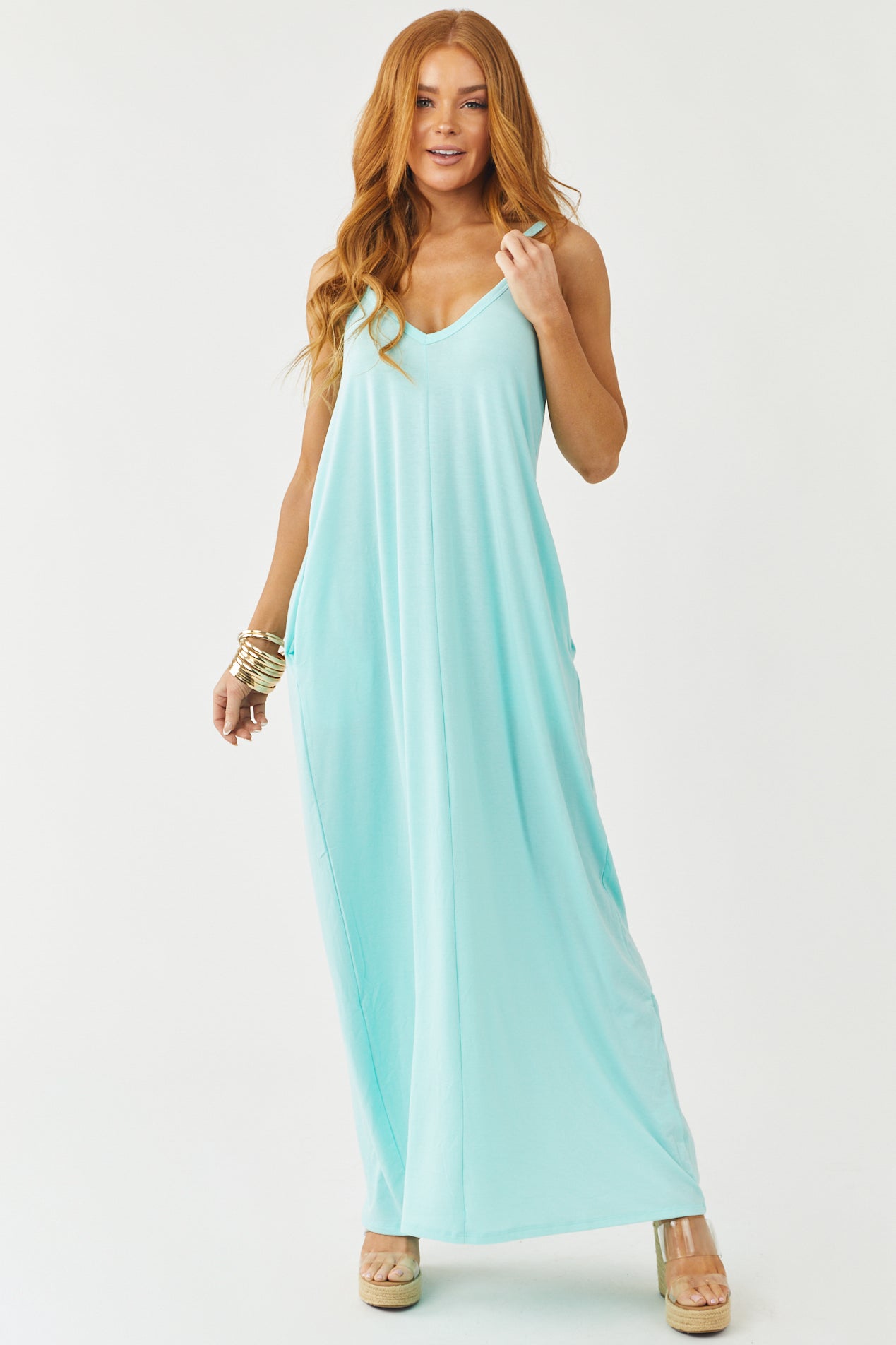 Turquoise Sleeveless Knit Maxi Dress with Pockets