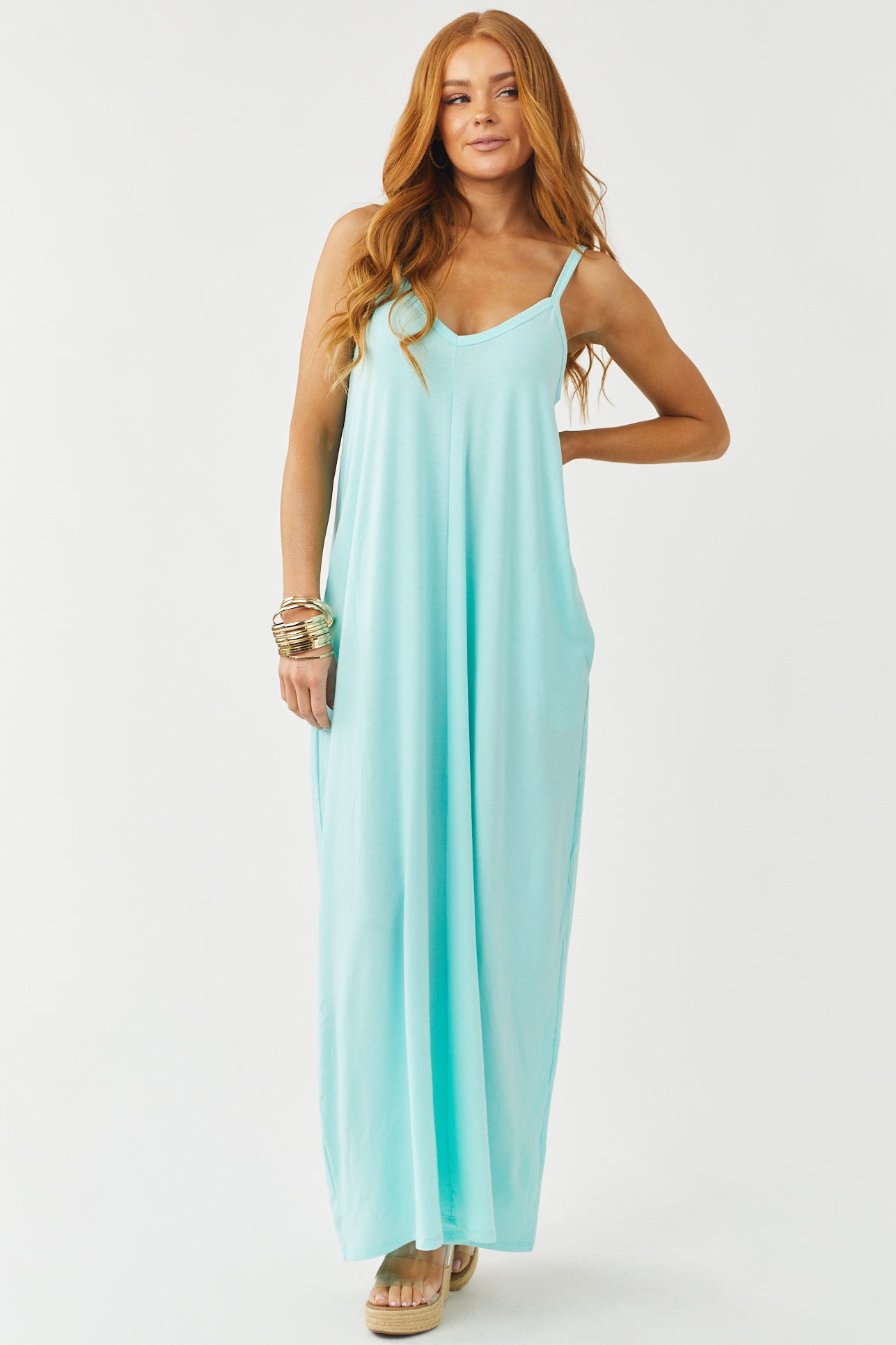 Turquoise Sleeveless Knit Maxi Dress with Pockets