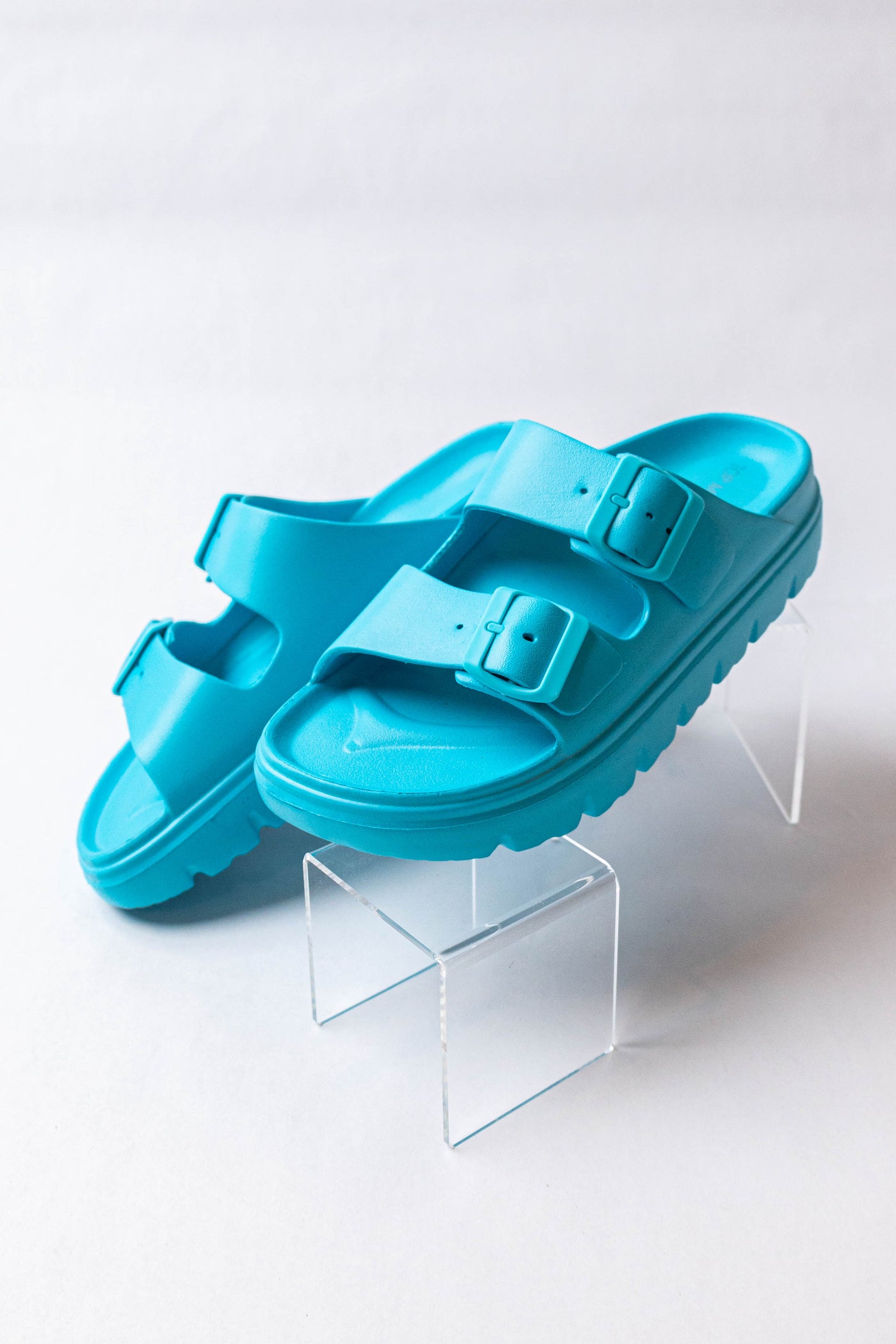 Turquoise Lug Sole Double Buckle Slide Sandals