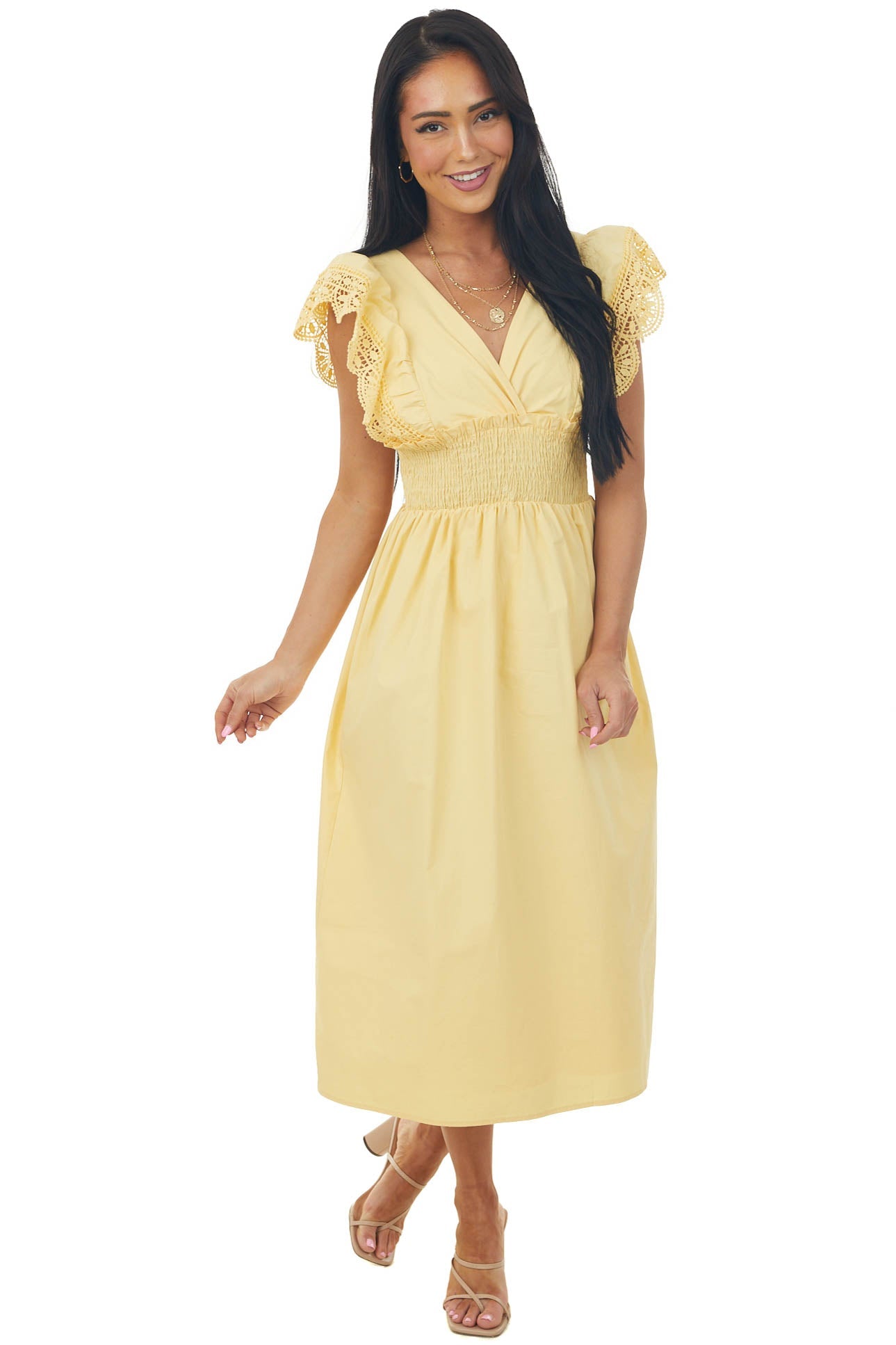 Tuscan Sun Smocked Lace Detail Midi Dress