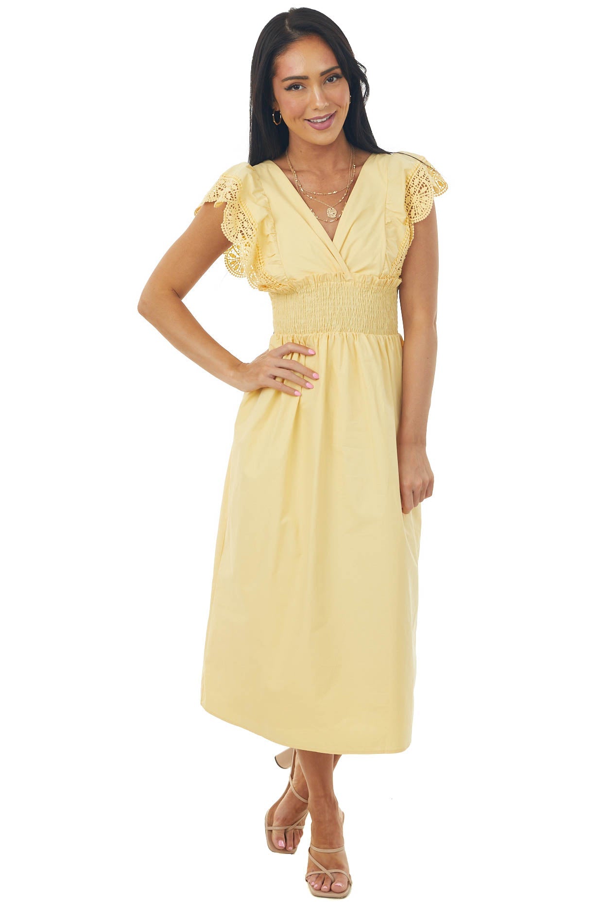 Tuscan Sun Smocked Lace Detail Midi Dress