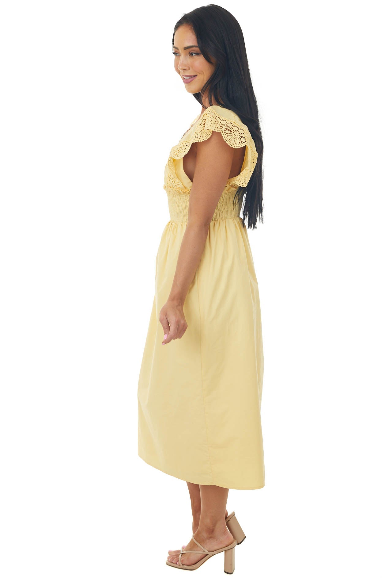 Tuscan Sun Smocked Lace Detail Midi Dress