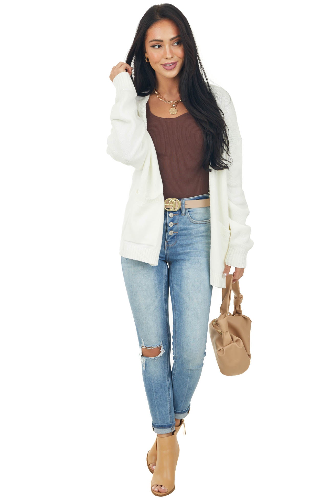 Vanilla Bubble Sleeve Cardigan with Pockets