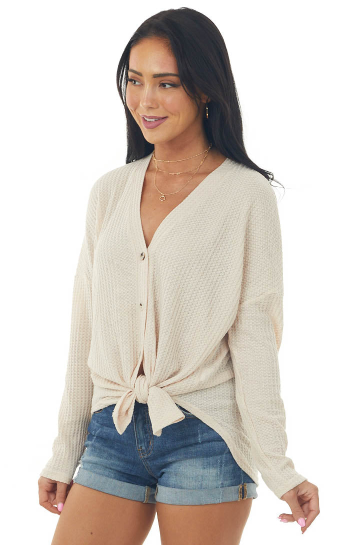 Vanilla Button Up Long Sleeve Waffle Knit Top