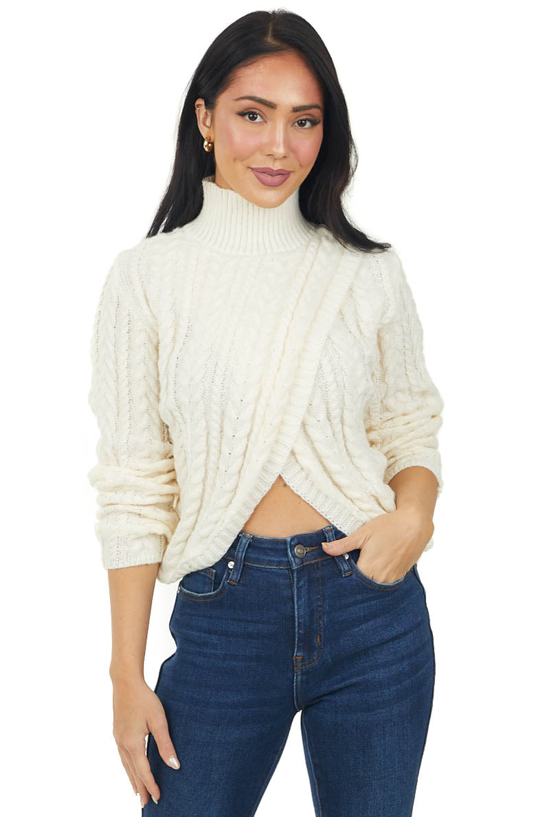 Vanilla Cable Knit Mock Neck Wrap Sweater