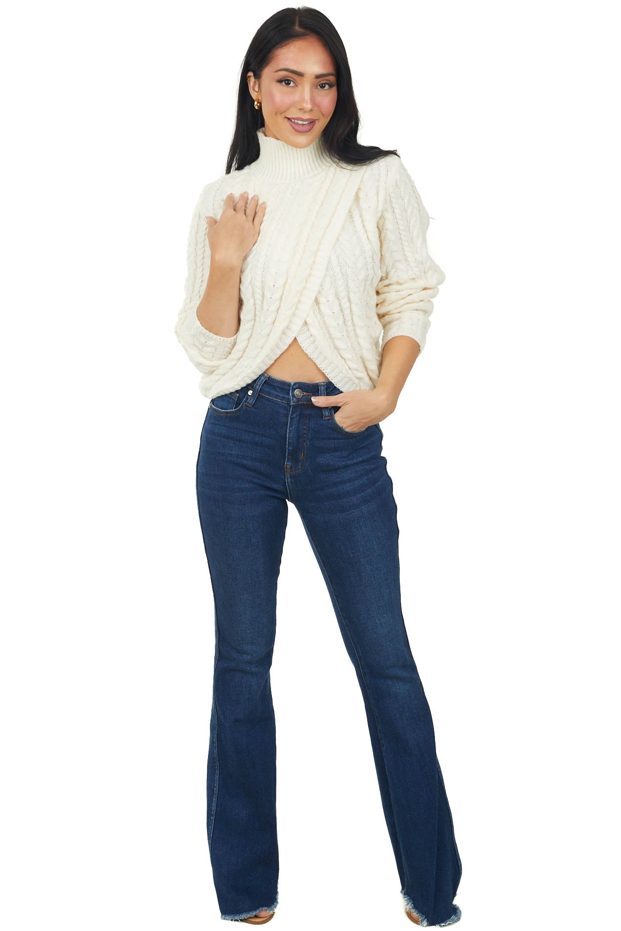 Vanilla Cable Knit Mock Neck Wrap Sweater