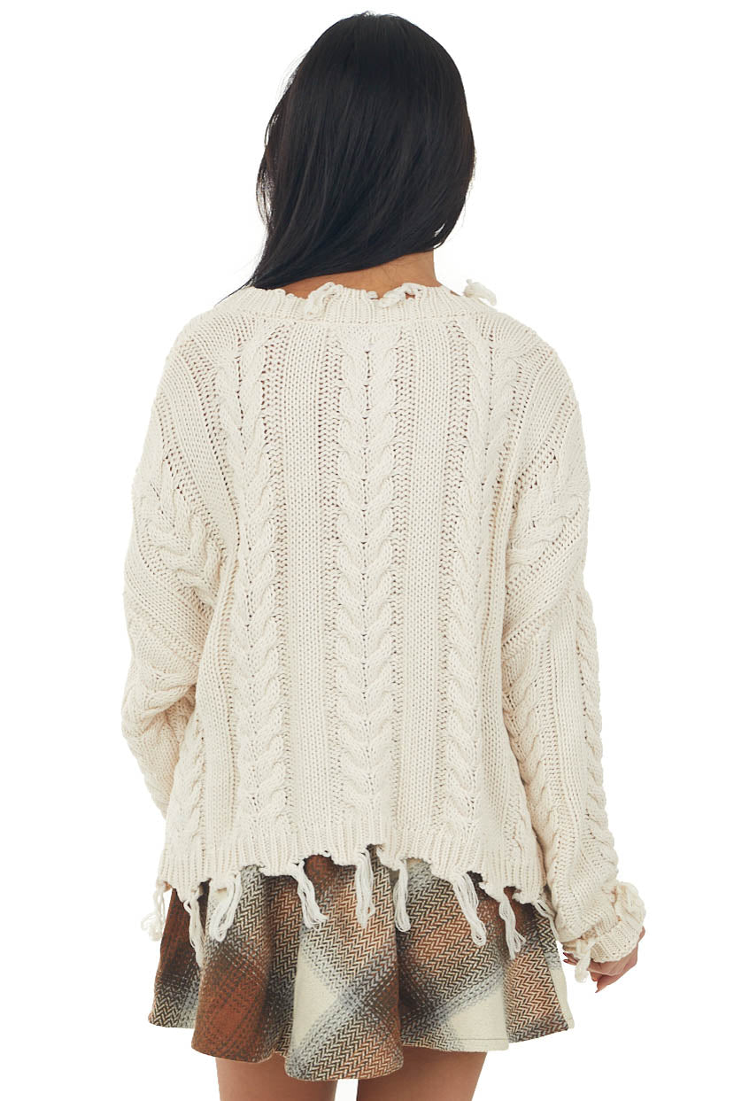 Vanilla Cable Knit Tassel Edge Sweater