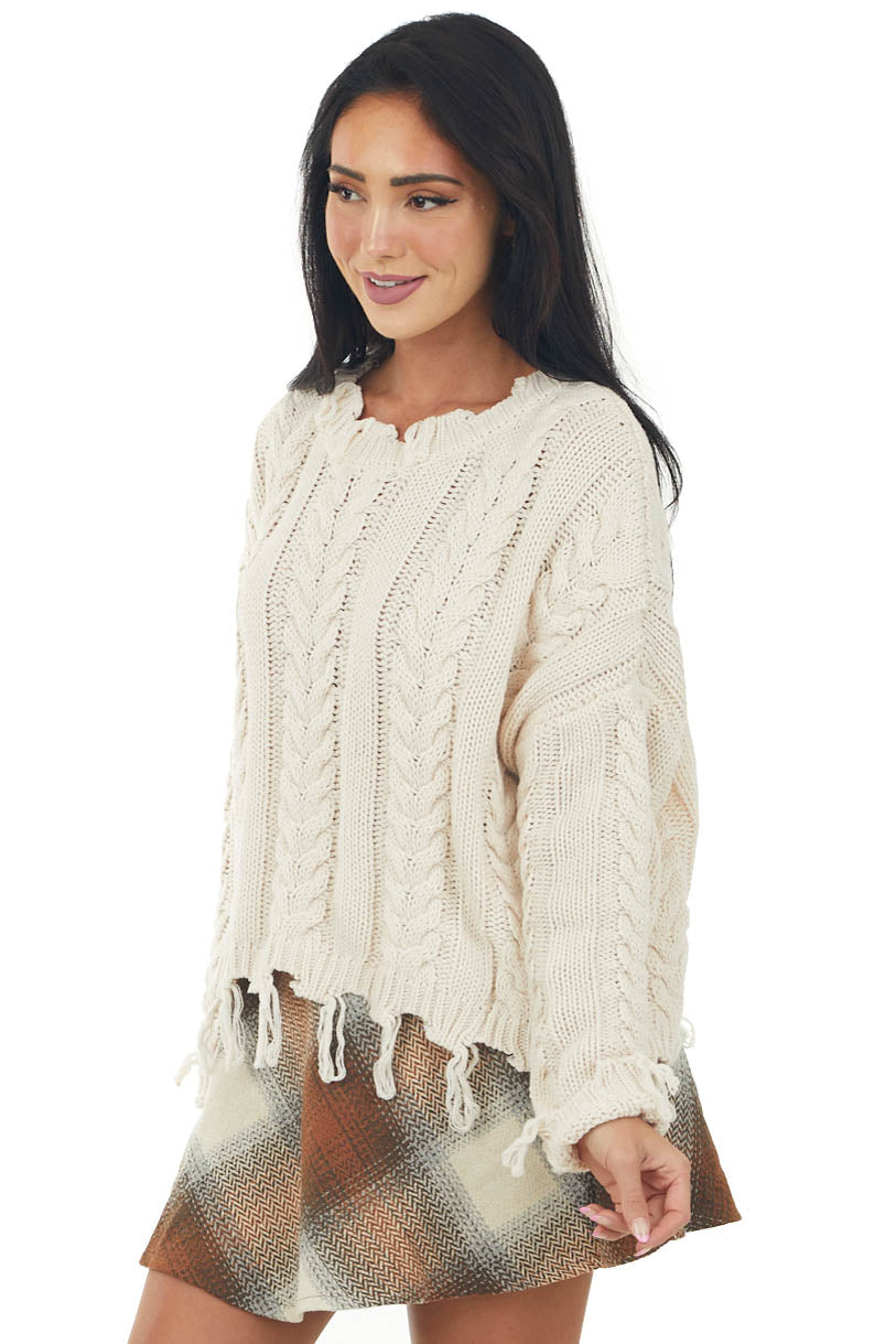 Vanilla Cable Knit Tassel Edge Sweater