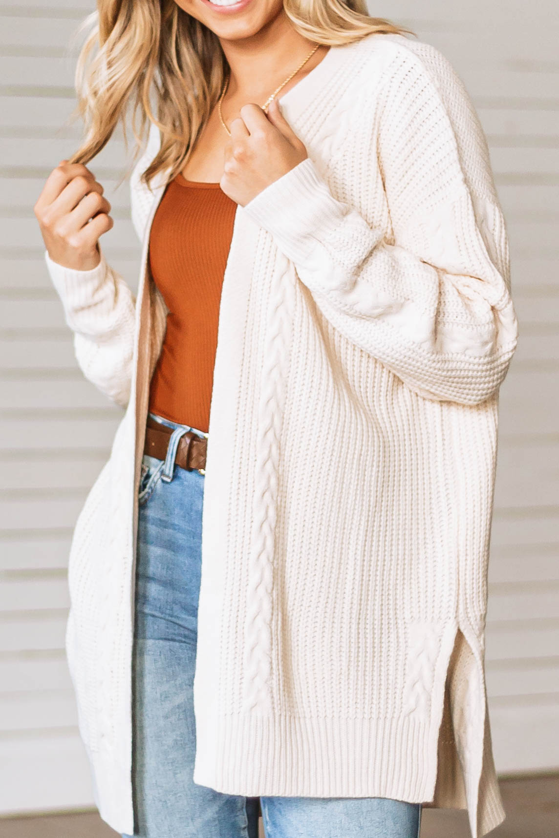 Vanilla Cable Knit Trim Side Slit Cardigan