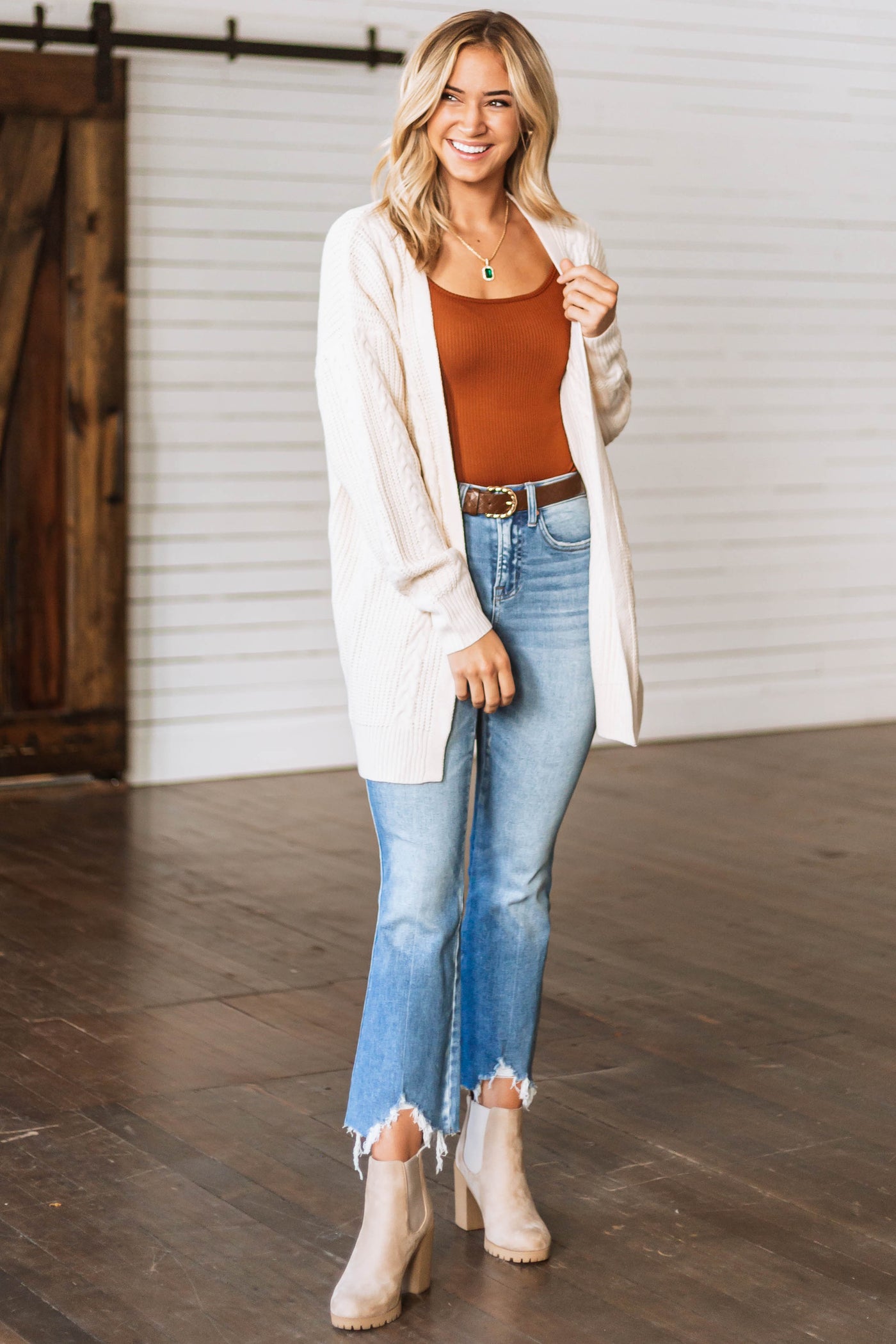 Vanilla Cable Knit Trim Side Slit Cardigan