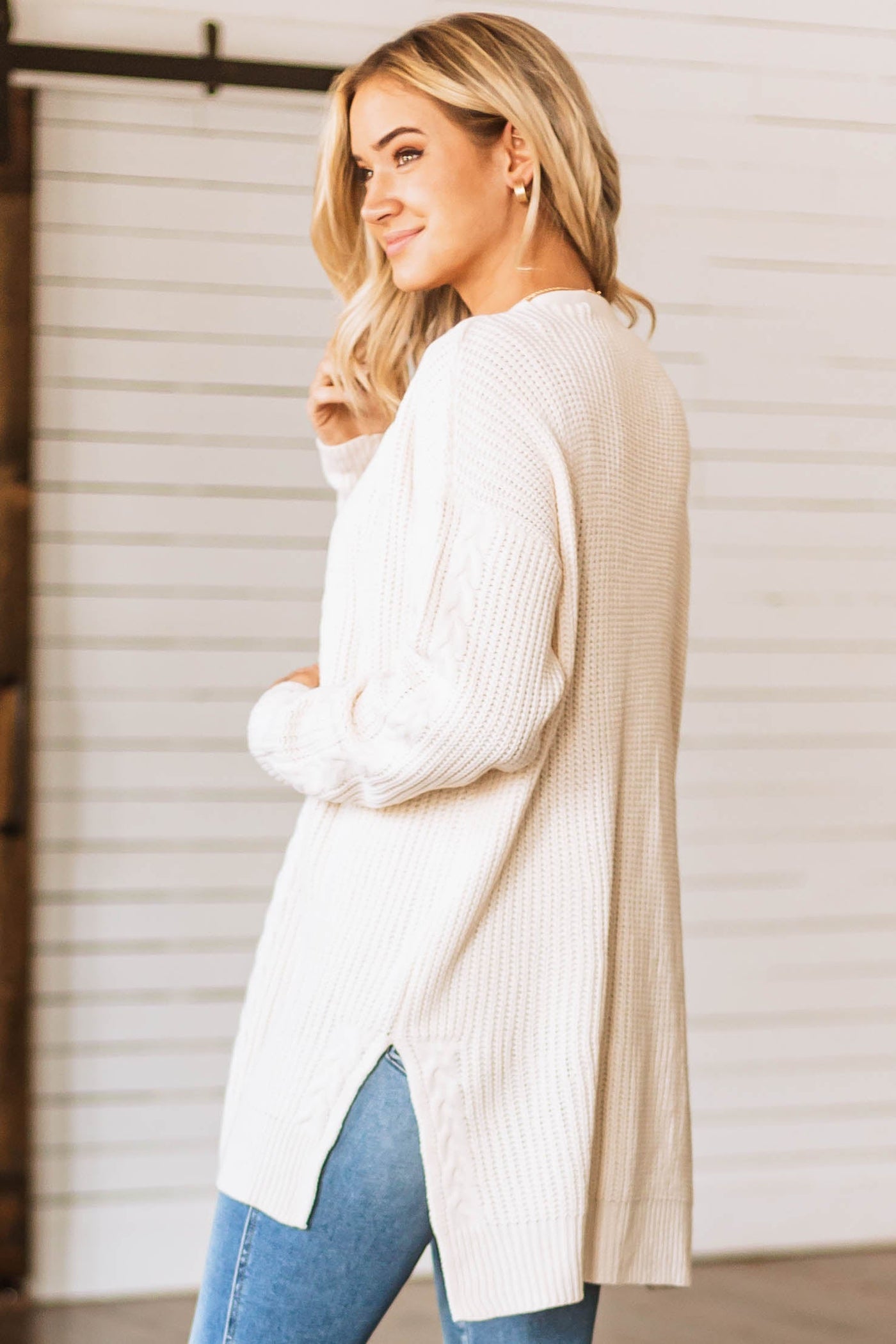 Vanilla Cable Knit Trim Side Slit Cardigan