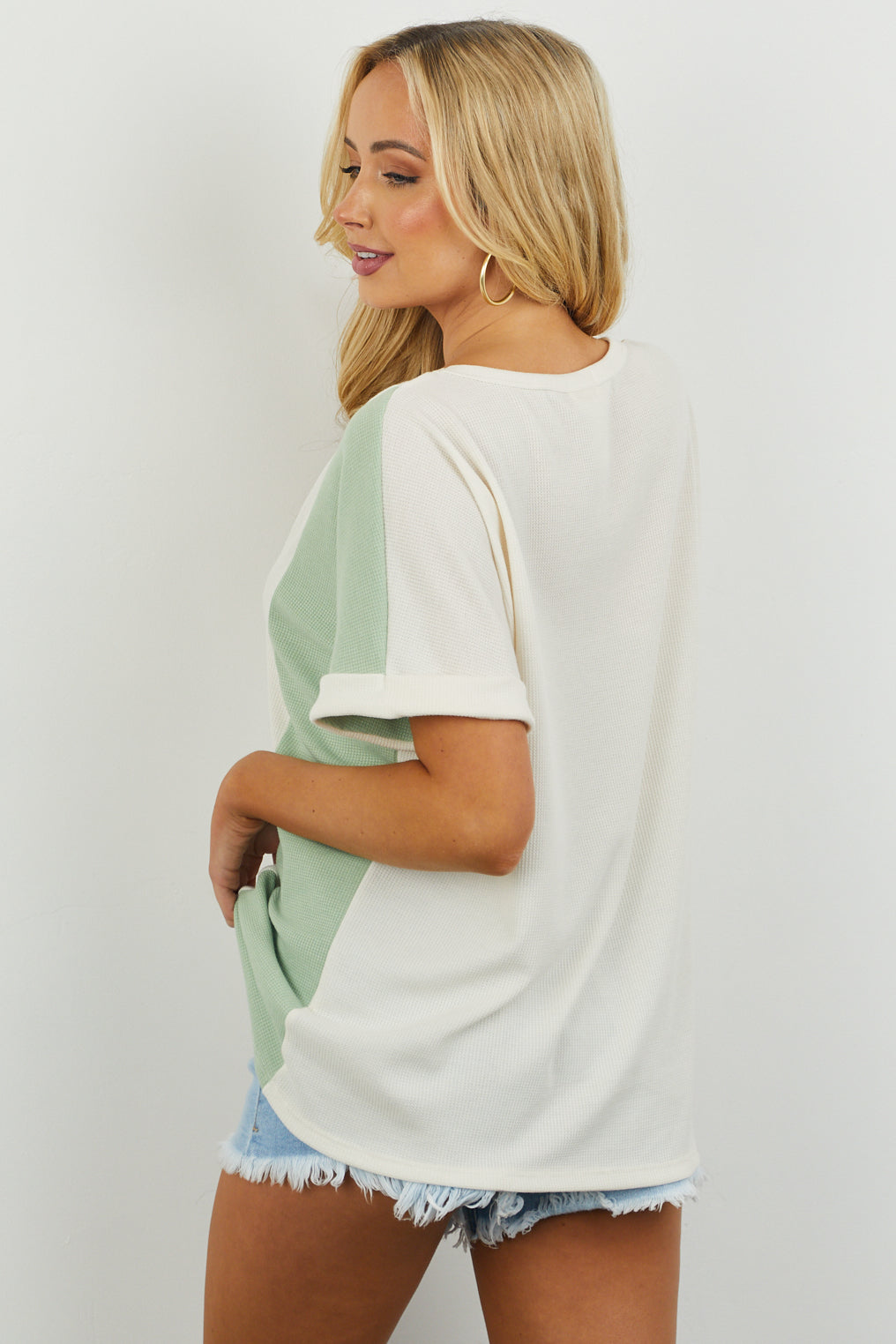 Vanilla Colorblock Kimono Sleeve Thermal Knit Top