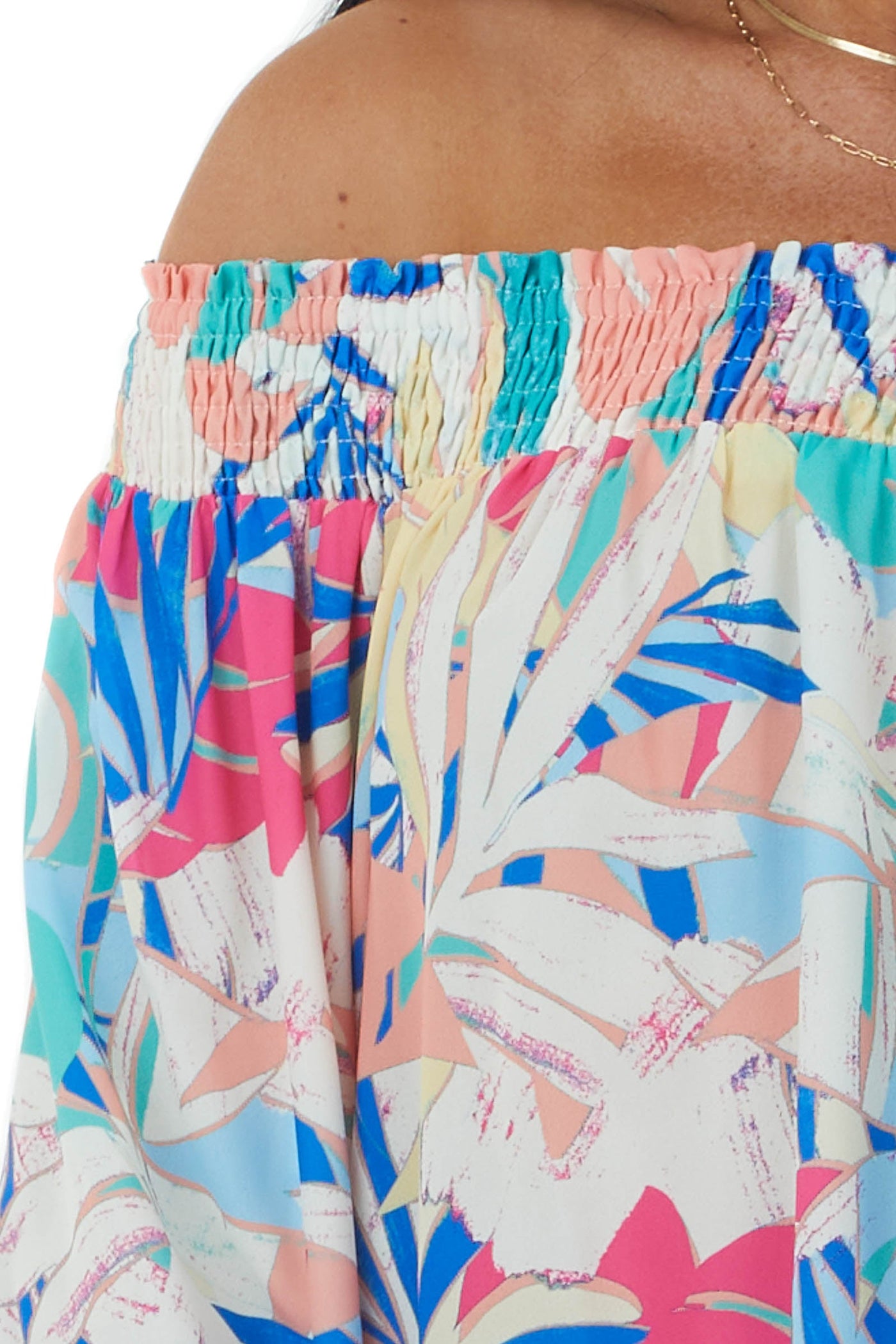 Vanilla Colorful Tropical Print Off Shoulder Top