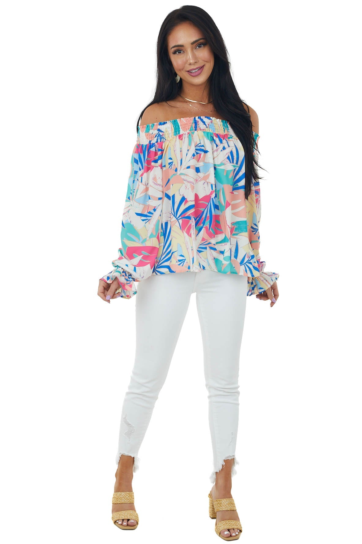 Vanilla Colorful Tropical Print Off Shoulder Top