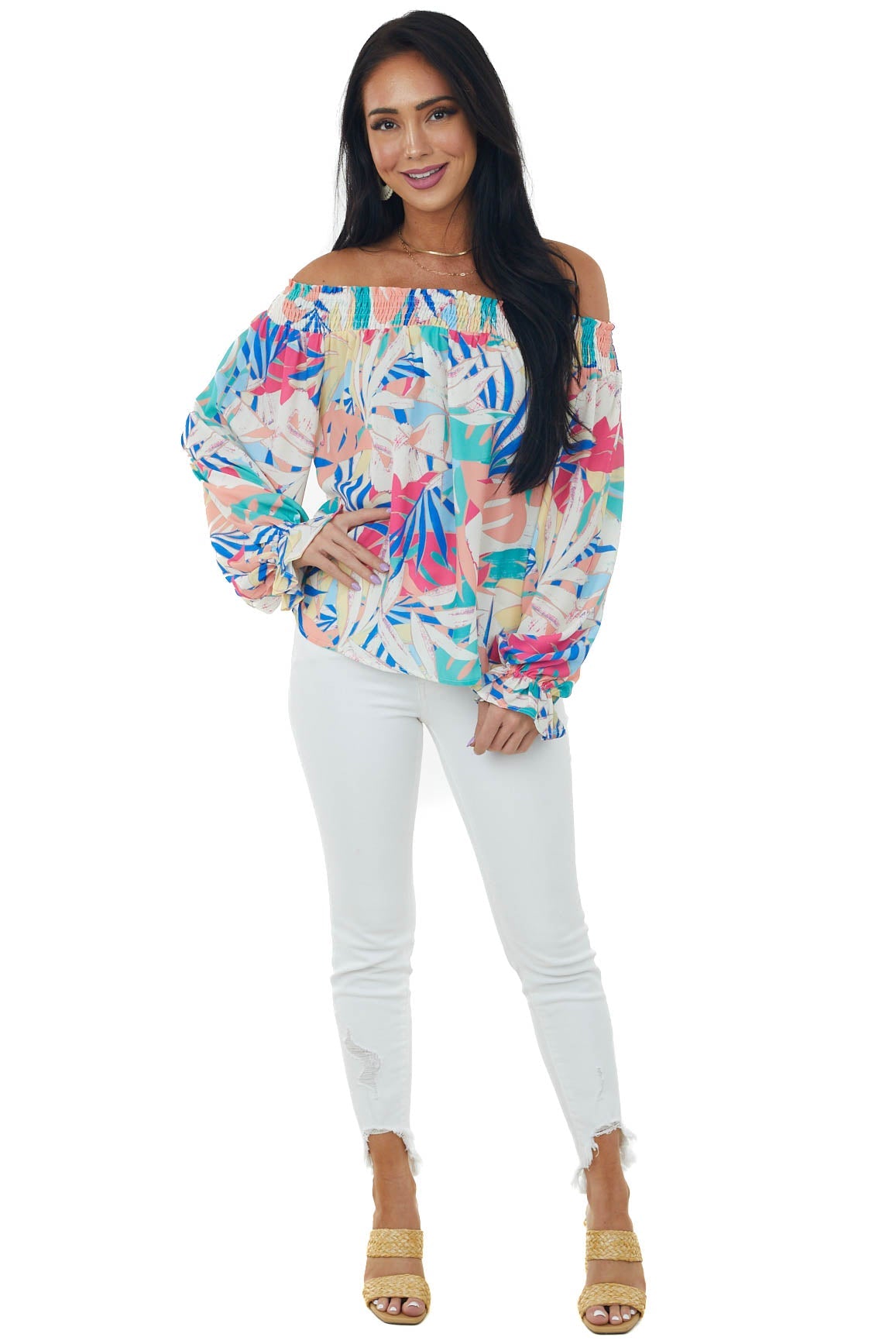 Vanilla Colorful Tropical Print Off Shoulder Top