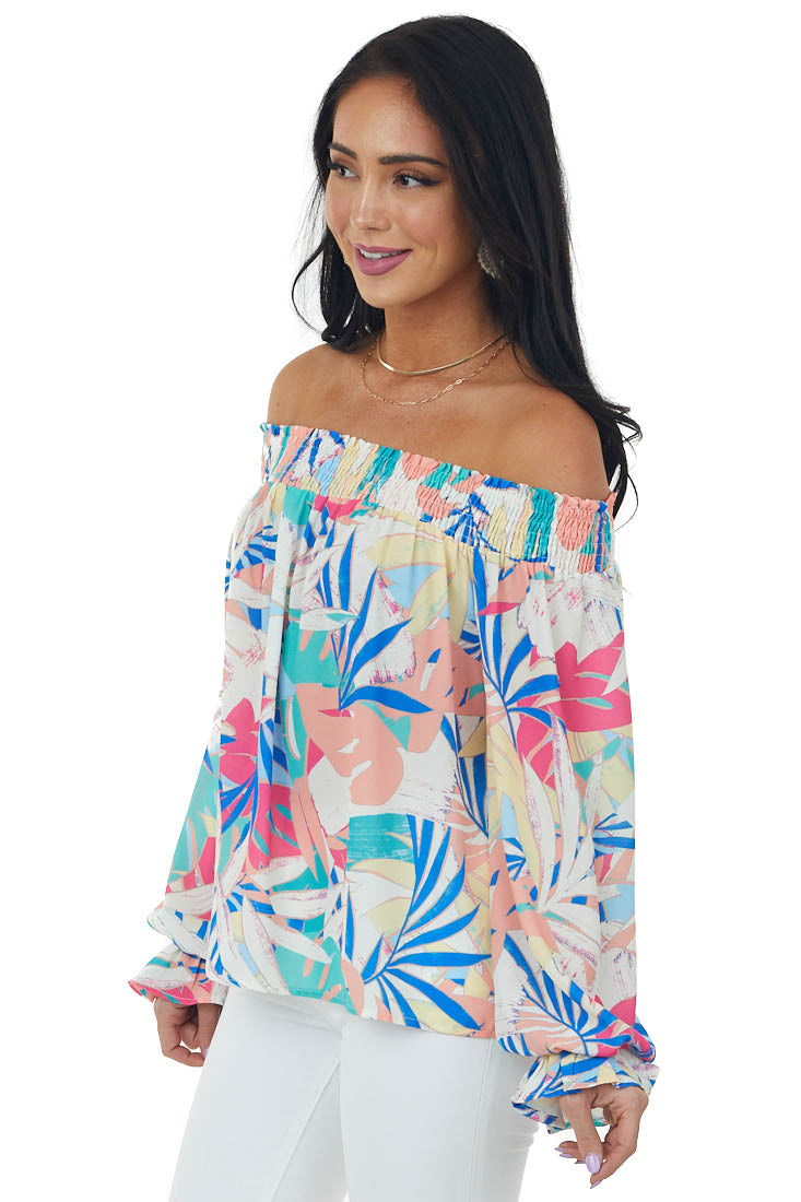 Vanilla Colorful Tropical Print Off Shoulder Top