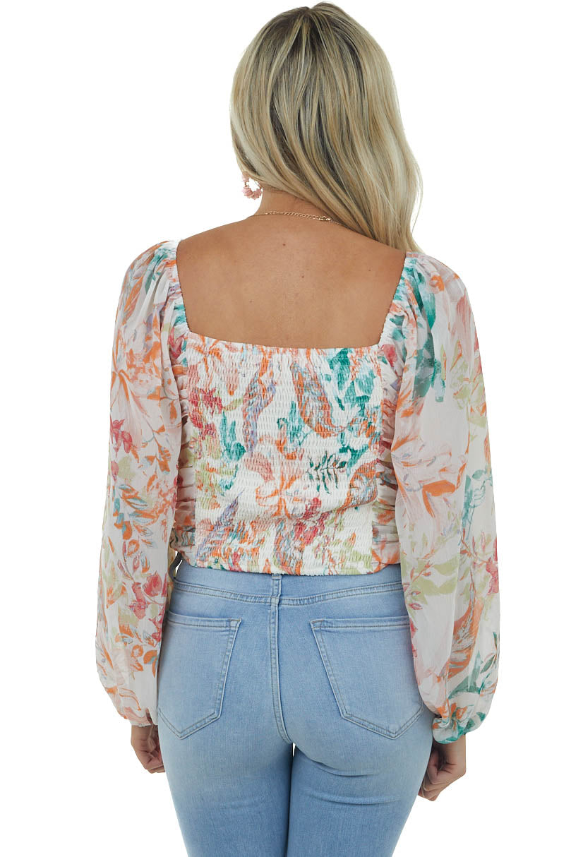 Vanilla Floral Ruched Front Cropped Blouse