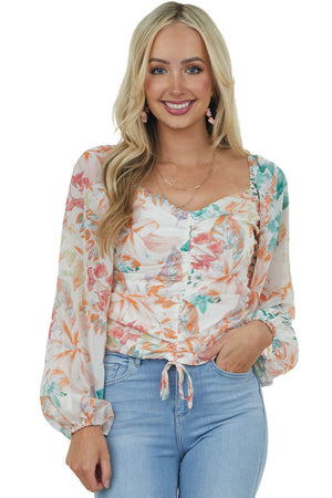 Vanilla Floral Ruched Front Cropped Blouse
