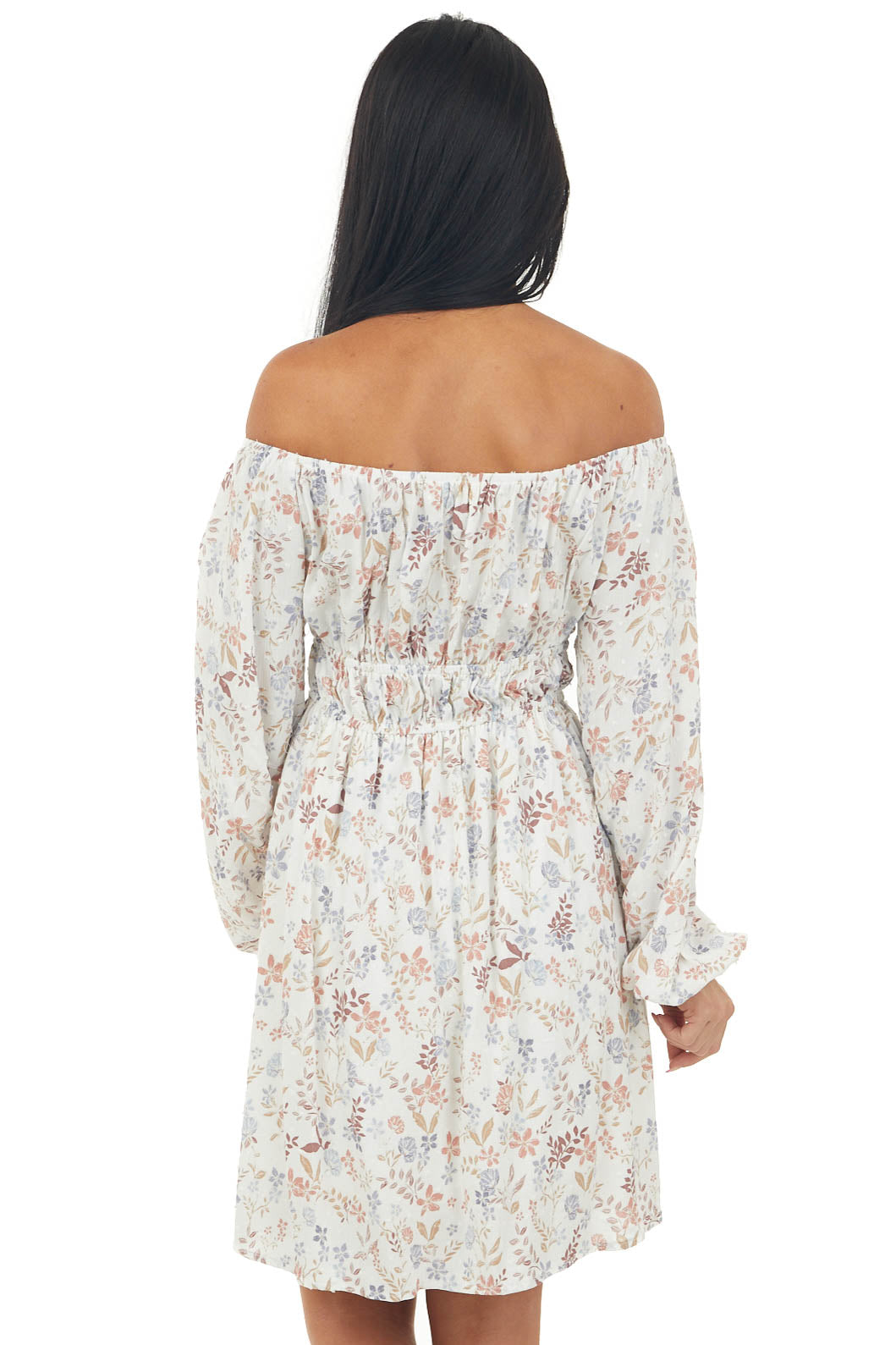 Vanilla Floral Swiss Dot Off Shoulder Short Dress