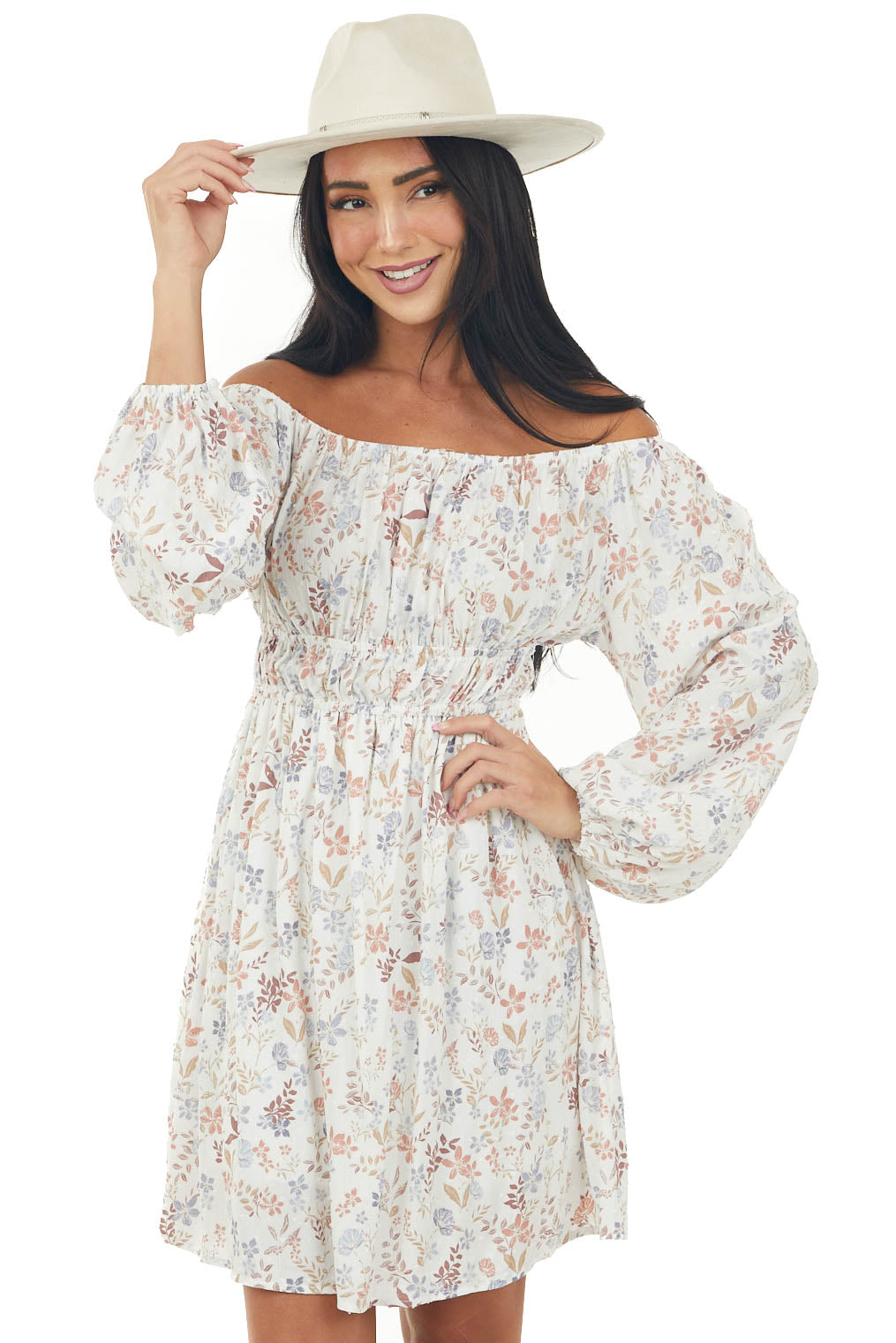 Vanilla Floral Swiss Dot Off Shoulder Short Dress