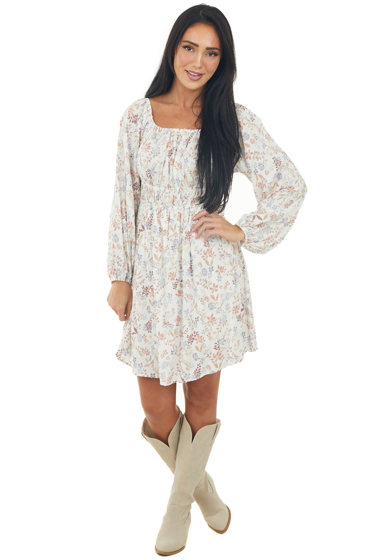 Vanilla Floral Swiss Dot Off Shoulder Short Dress