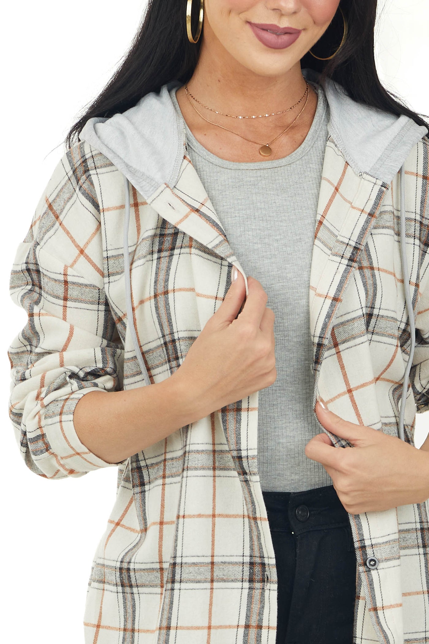 Vanilla Plaid Drawstring Hooded Flannel Top