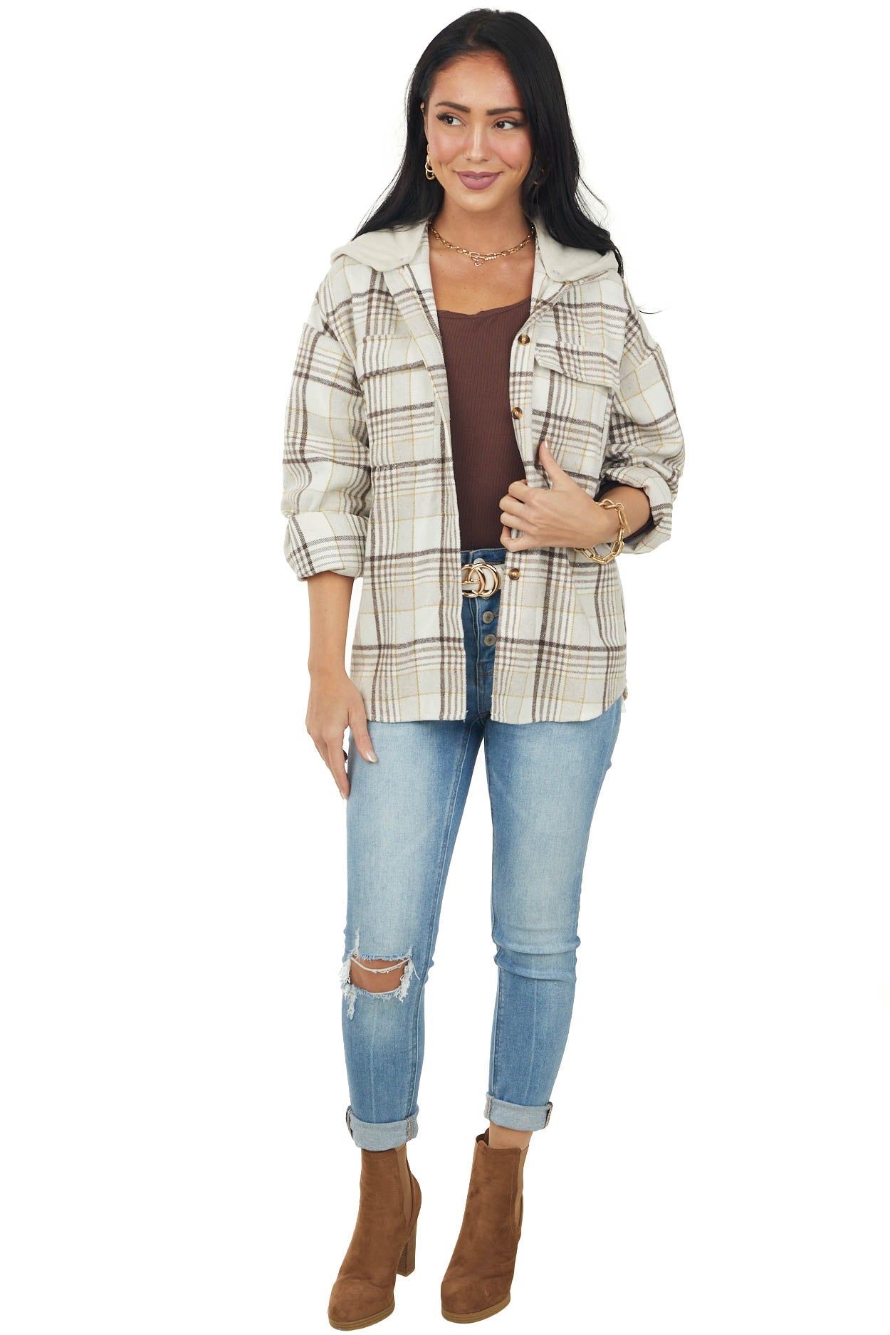 Vanilla Plaid Shirt Jacket with Optional Hood