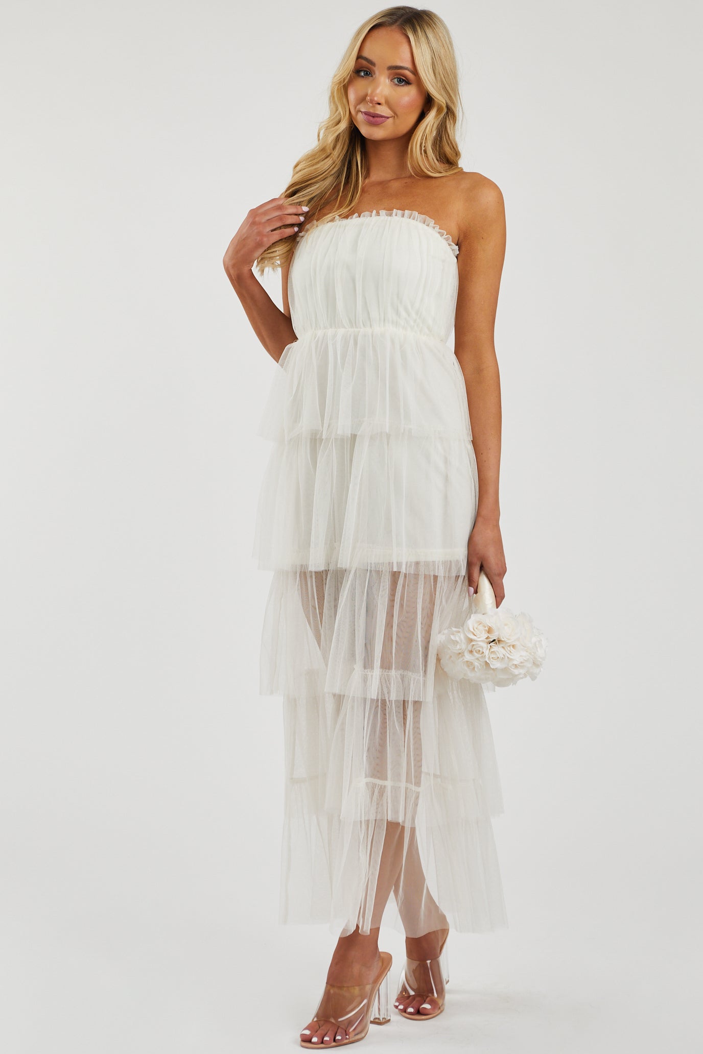 Vanilla Strapless Layered Tulle Maxi Dress
