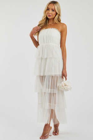Vanilla Strapless Layered Tulle Maxi Dress