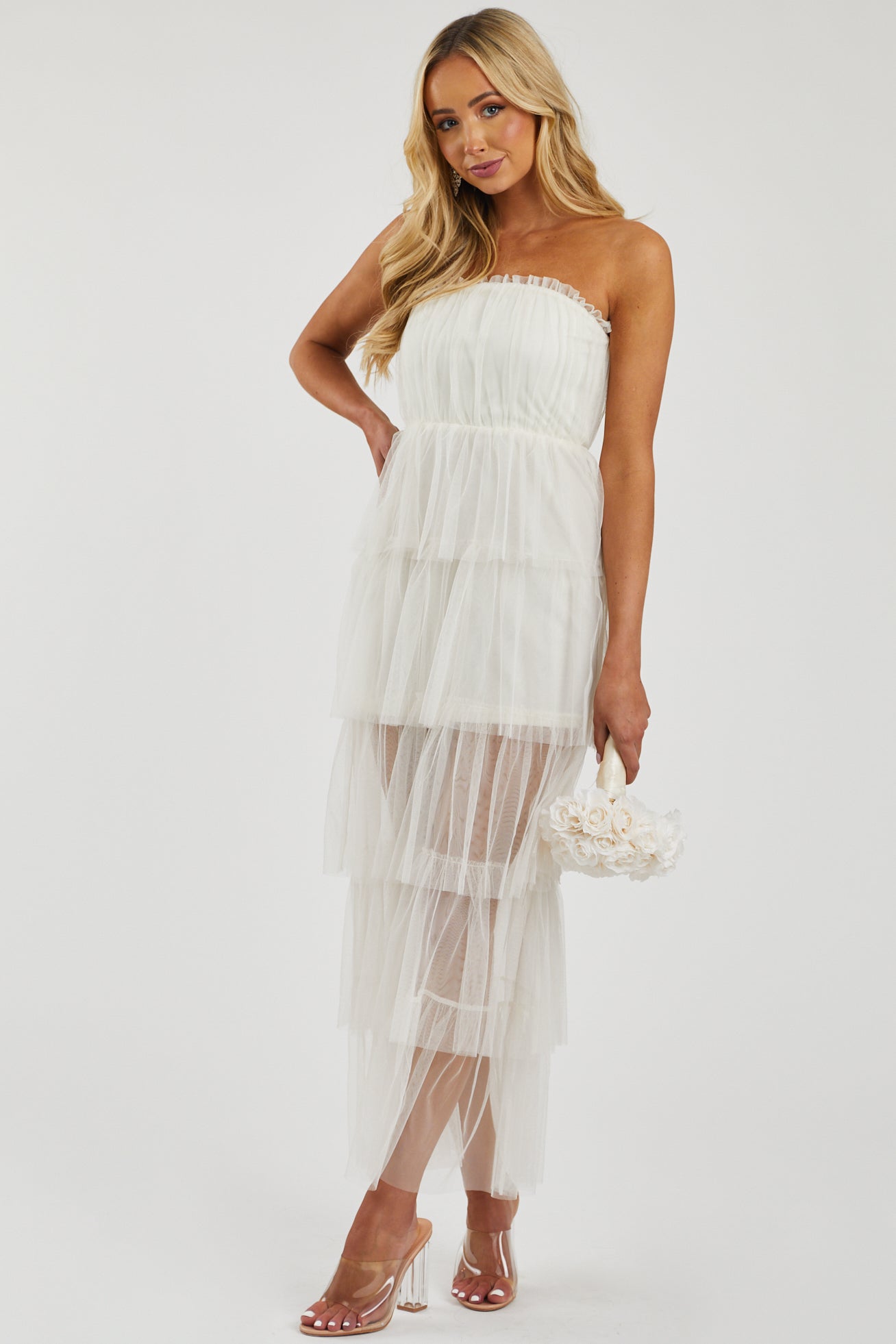 Vanilla Strapless Layered Tulle Maxi Dress