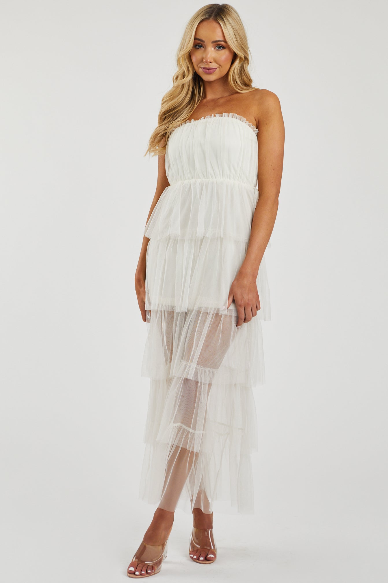 Vanilla Strapless Layered Tulle Maxi Dress